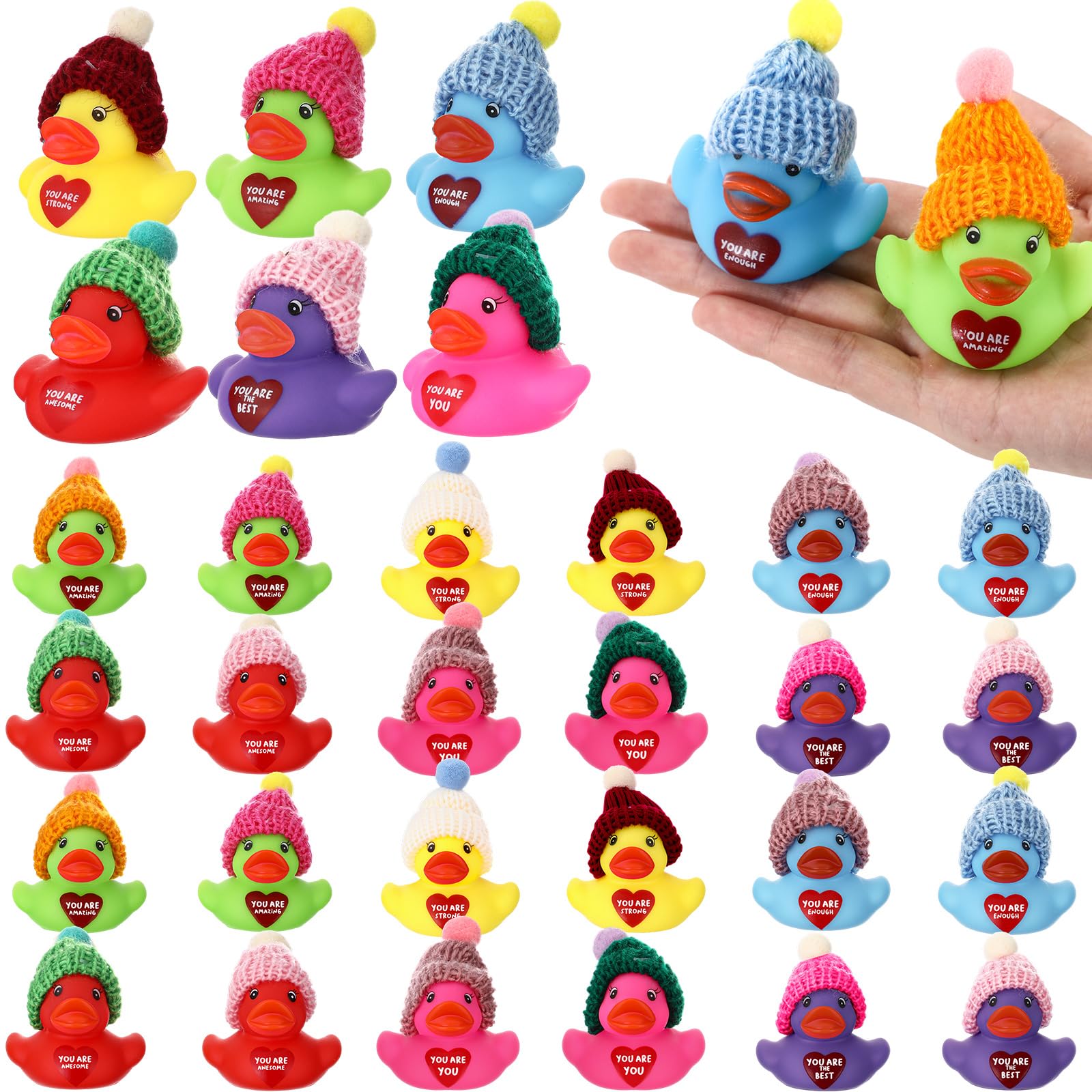36 Pcs Valentines Gifts for Coworker Mini Inspirational Rubber Ducks Bulk with Knitted Hats You are Motivational Theme Small Cru