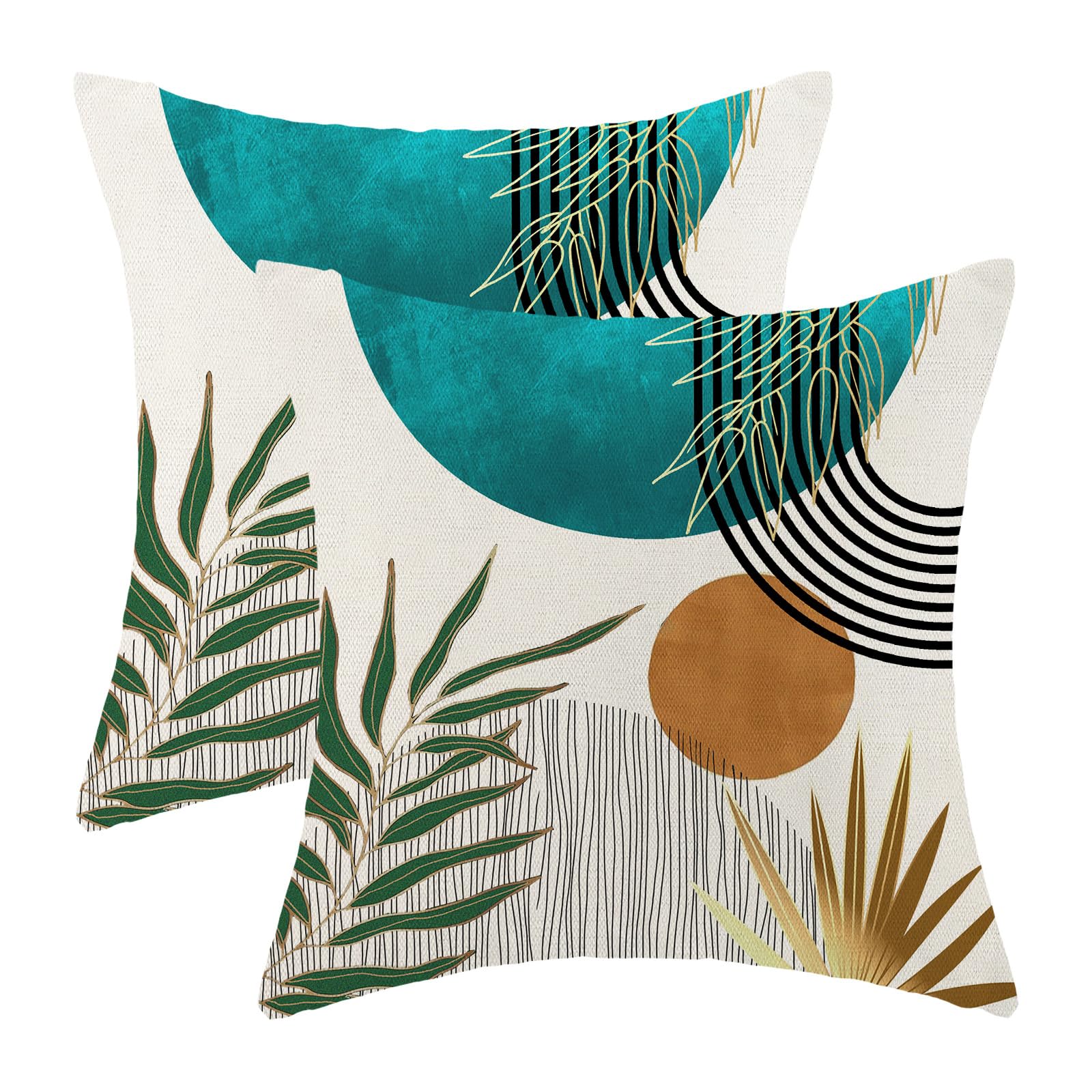 Boho Pillow Covers 18X18 Set Of 2 Abstract Teal Green Gold Sunset Throw Pillow Covers Outdoor Decoration Mid Century Bohemian St