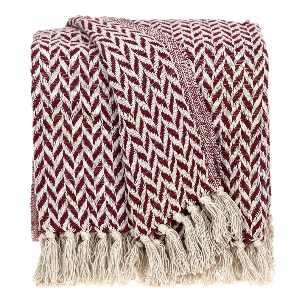 HomeRoots Cotton Burgundy Handloom Herringbone Weave with Tassels