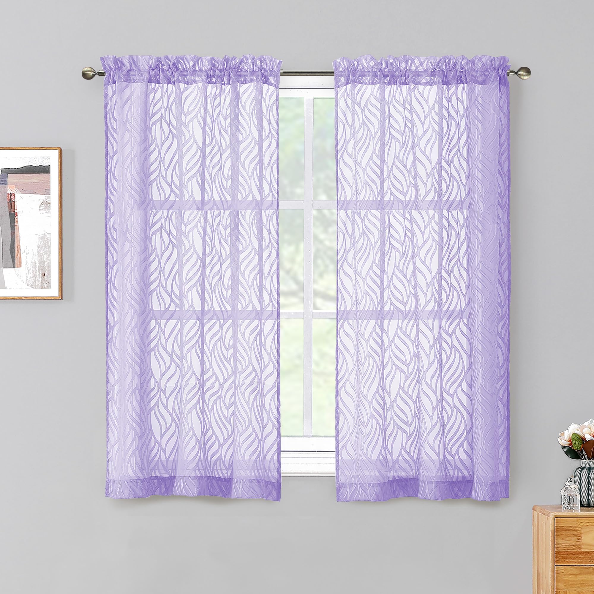 Chyhomenyc Marilyn Light Purple Sheer Curtains 45 Inch Length 2 Panels Set For Bedroom, Light Filtering Soft 3D Leaf Jacquard Te