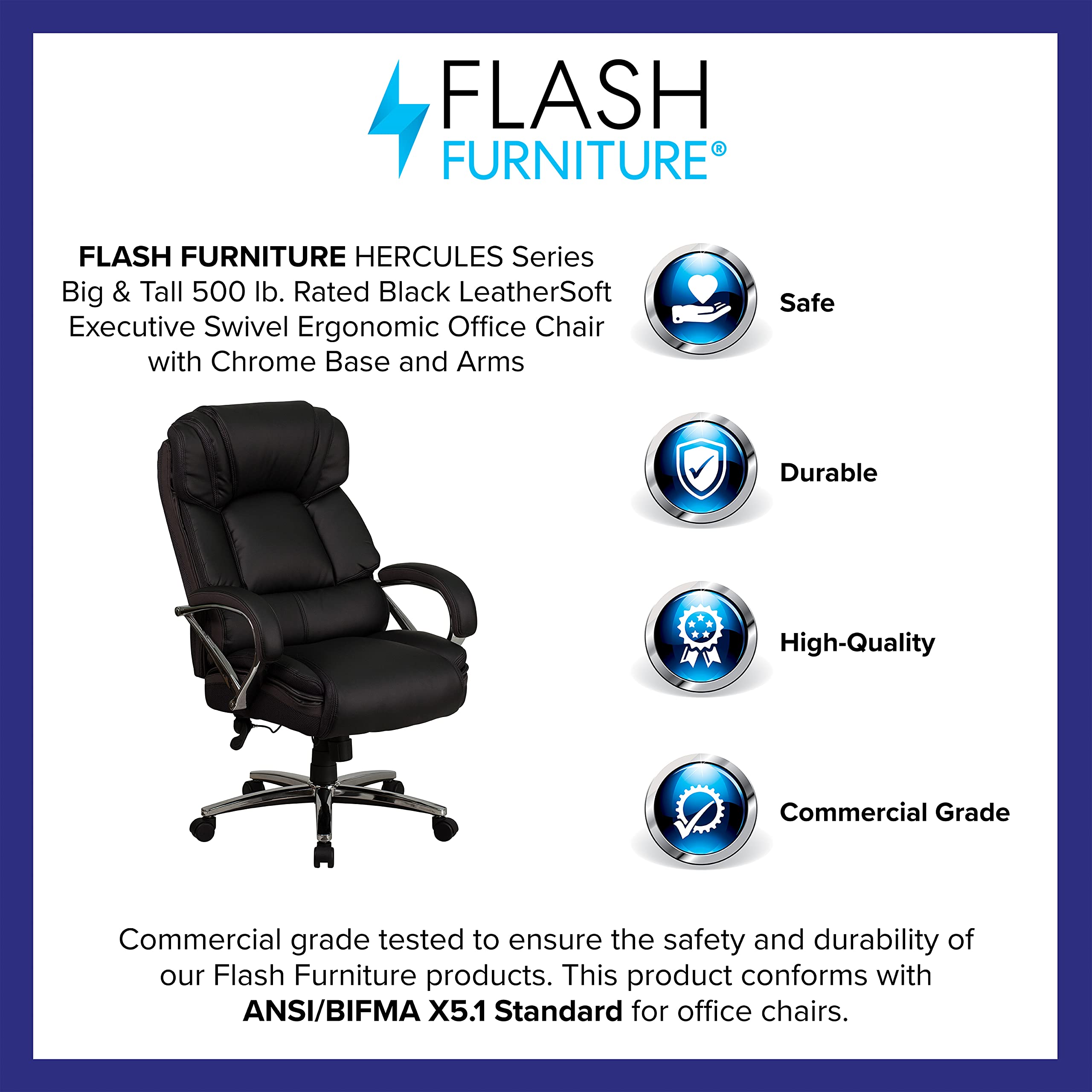 Flash Furniture HERCULES Series Big & Tall 500 lb. Rated Black LeatherSoft Executive Swivel Ergonomic Office Chair with Chrome Base and Arms