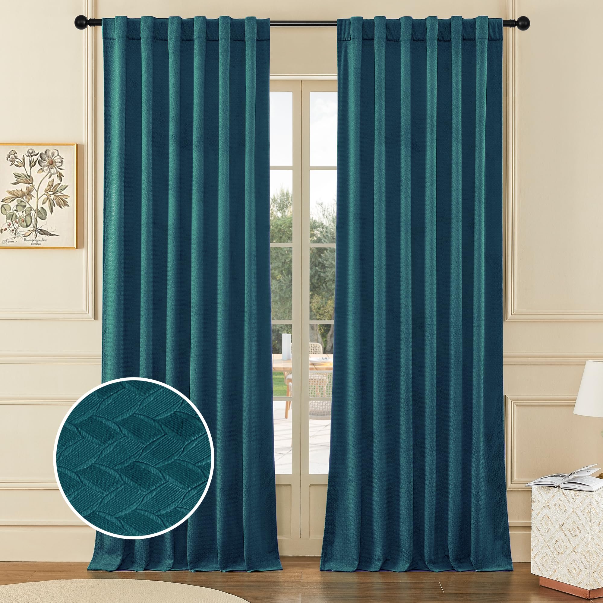 Timeper 96 Inches Velvet Curtains Light Blocking, Peacock Blue Wheat Ear Pattern Privacy Home Decor Windows Panels For Living Ro