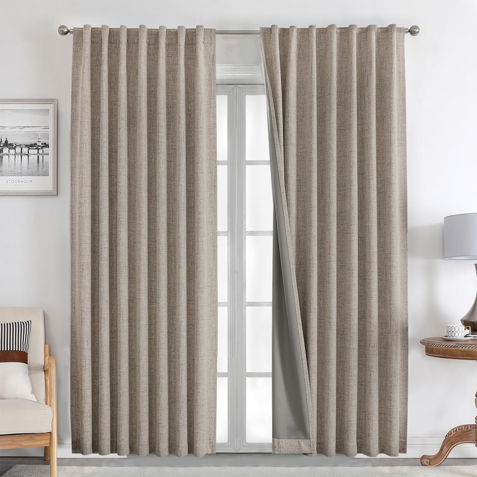 Joydeco Natural Linen Curtains 84 inch Length 2 Panels Set Burg 100% Blackout Long Drapes for Bedroom Living Room Blackout Darke
