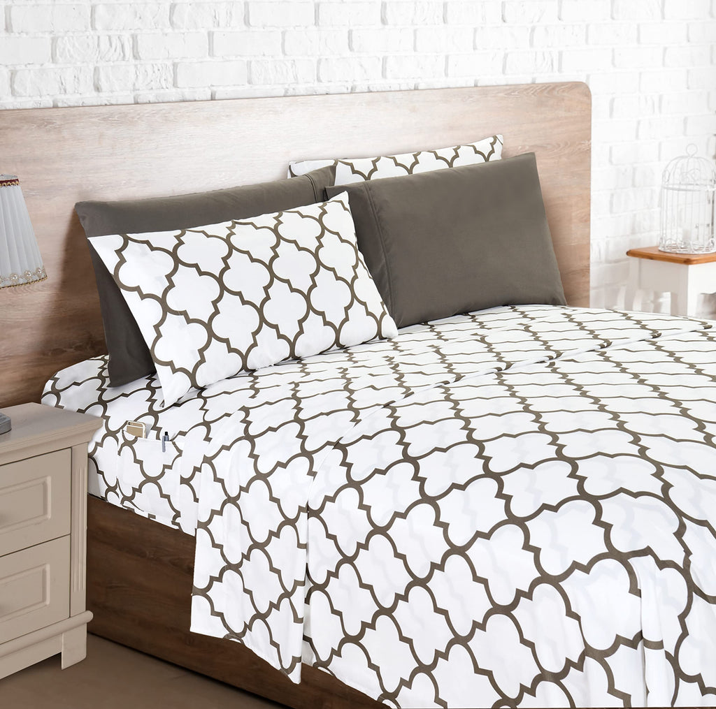 Elegant Comfort 6-Piece Moroccan Trellis Print Sheet Set, Super Cozy, Fade And Wrinkle Resistant, 1500 Premium Hotel Quality Microfiber, Deep Pocket Fitted Sheet With Smart Pockets, Queen, White