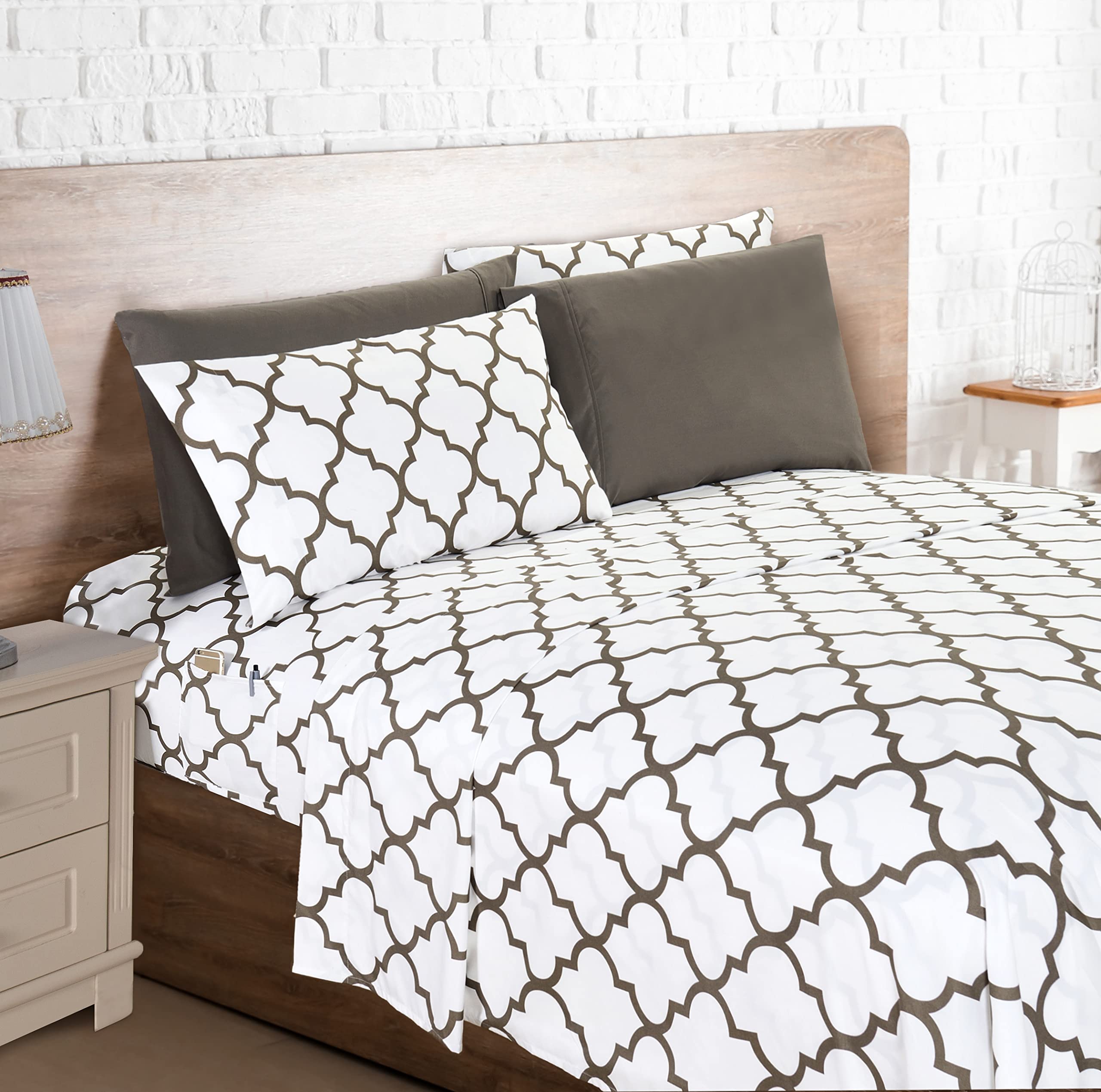 Elegant Comfort 4-Piece Moroccan Trellis Print Sheet Set, Super Cozy, Fade And Wrinkle Resistant, 1500 Premium Hotel Quality Microfiber, Deep Pocket Fitted Sheet With Smart Pockets, Twin, White