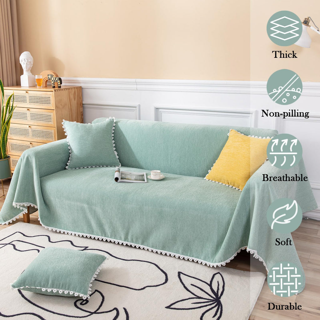 Handontime Light Green Couch Covers For 3 Cushion Couch Sofa Cute Sofa Covers Chenille Couch Cover For Dogs Sectional Sofa L Shape Futon Couch (71' X134', Green)