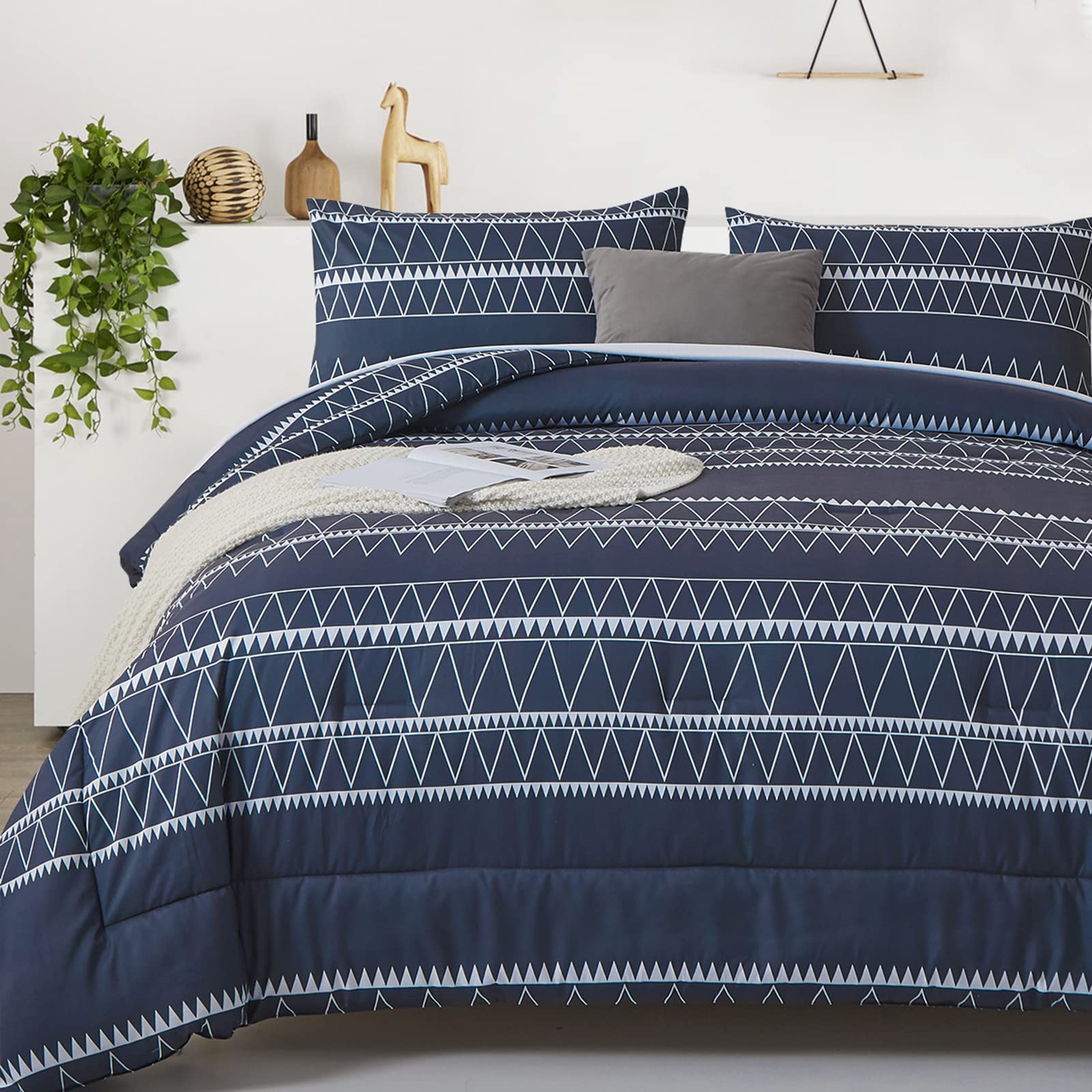 Wongs Bedding Navy Blue Comforter Set Queen, Reversible Boho Triangle Down Alternative Comforter Set For Queen Bed - 3 Pieces (1