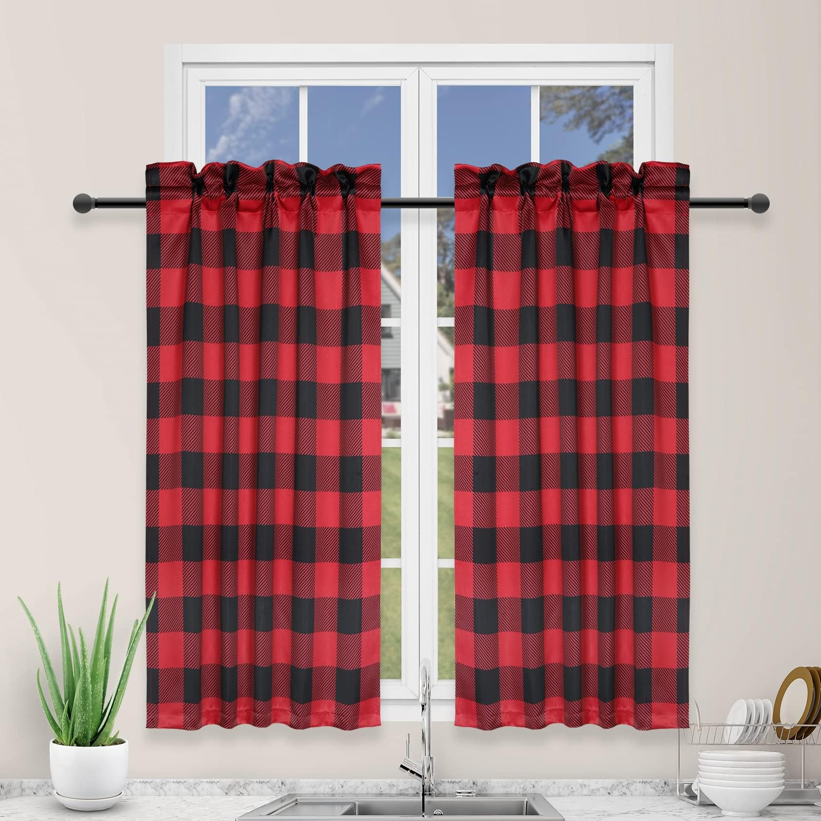 Simple Deluxe 2 Pcs Buffalo Check Kitchen Tier Curtains, Plaid Gingham Short Curtain For Half Cafe Windows, 26' W X 36' L, Bla