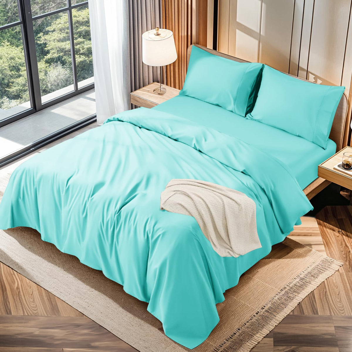 Lbro2M 100% Cotton 1200 Thread Count California King Size Sheets Set,16 Inches Deep Pocket,Bed Sheet 4 Piece Sets (Lake Green)