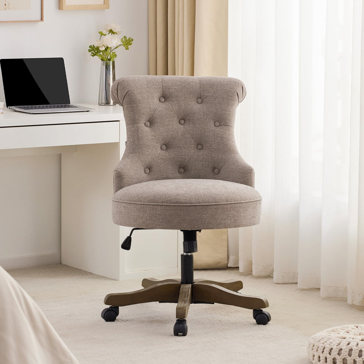 Batohom Home Office Chair Adjustable Height Swivel Chair With Wheels Linen Fabric Upholstered Computer Desk Chair With Wooden Le
