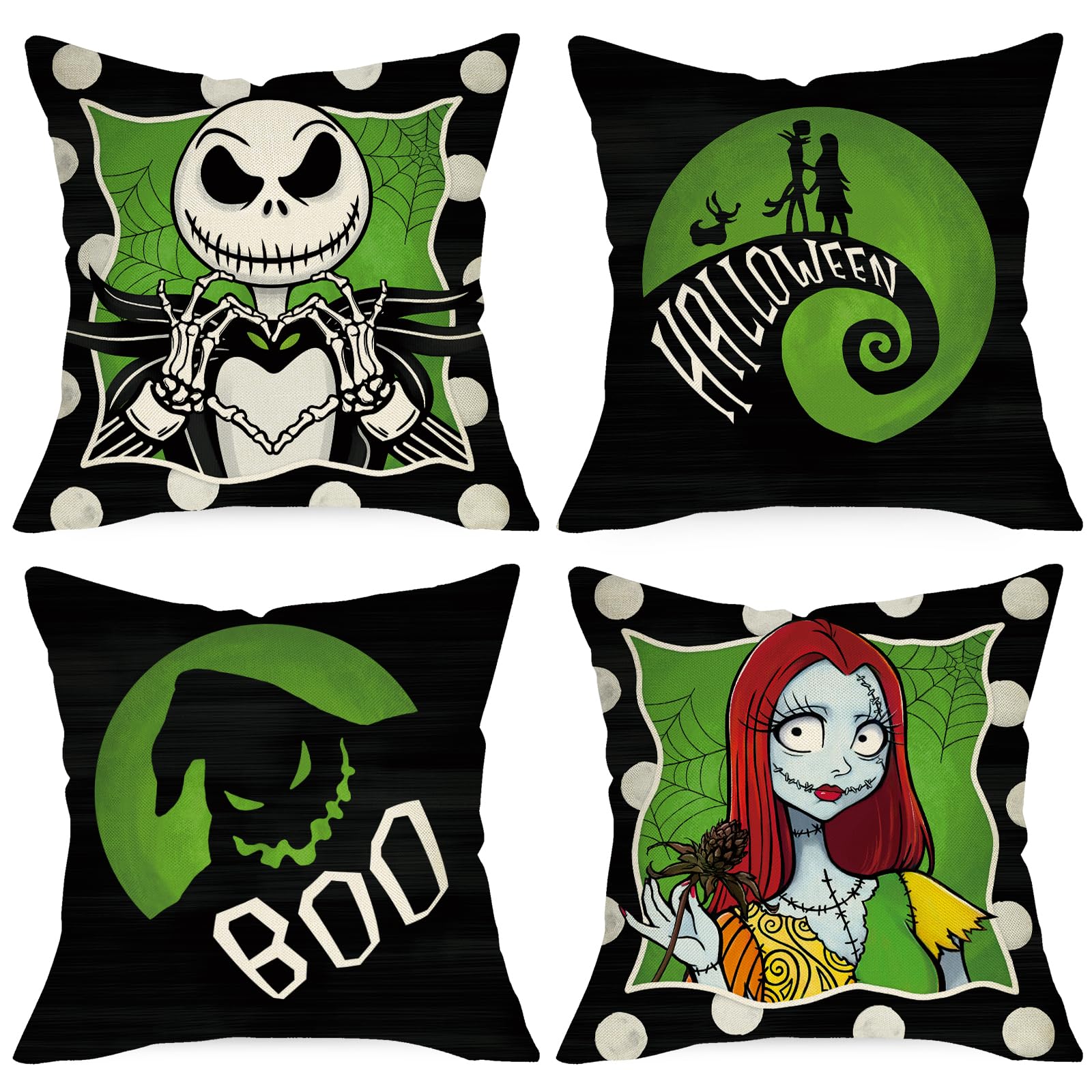 Ussap Halloween Jack Decorative Throw Pillow Covers 18 x 18 Set of 4, Green Black Sally Monster Boo Cushion Case Decor, Funny Ho
