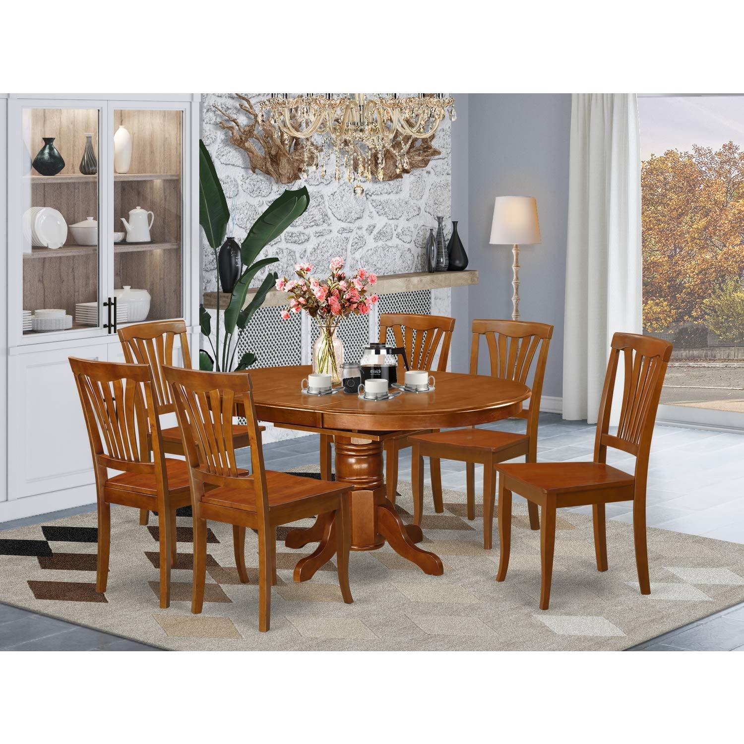 East West Furniture Avon7-Sbr-W 7 Pc Set Avon Kitchen Table With Leaf And 6 Wood Dinette Chairs.