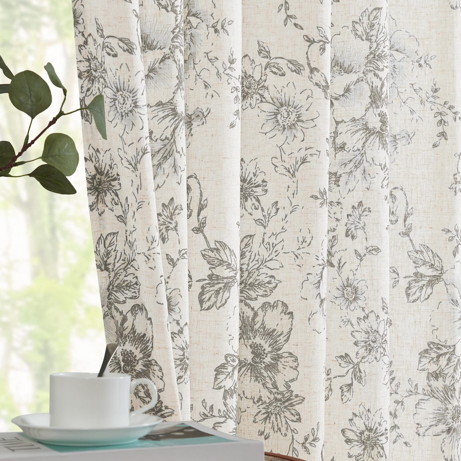 Jinchan Linen Curtains Floral Curtains For Living Room 90 Inch Length Grey Printed Curtains Rod Pocket Back Tab Farmhouse Peony