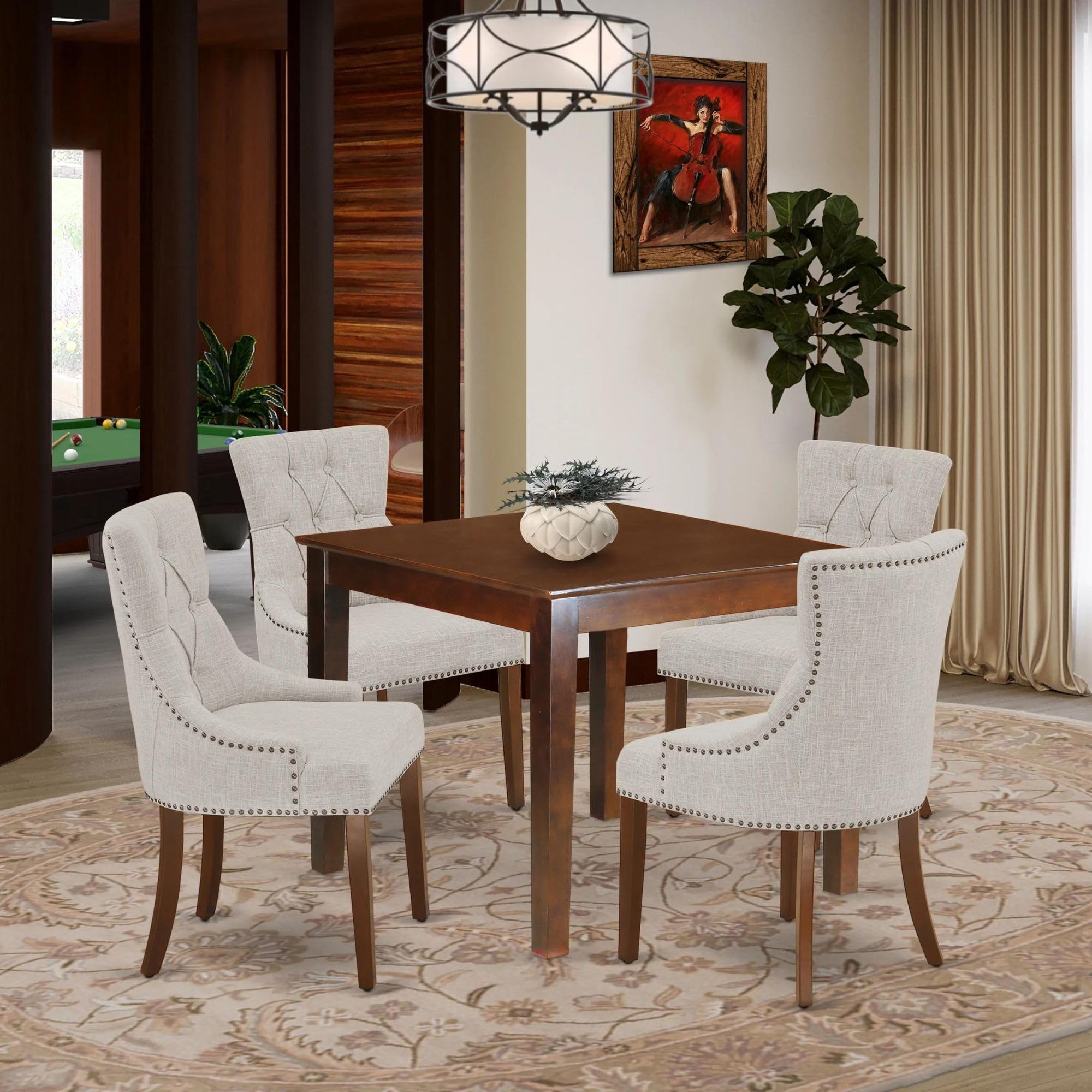 East West Furniture 5Pc Dining Set Includes A Square Dinette Table And Four Parson Chairs With Doeskin Fabric, Mahogany Finish