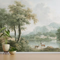 Vintage Forest Wall Mural Peel and Stick 133 W X 98 H Beige Green Nature Wall Mural with Deer Retro Rustic Landscape Wall Paper 