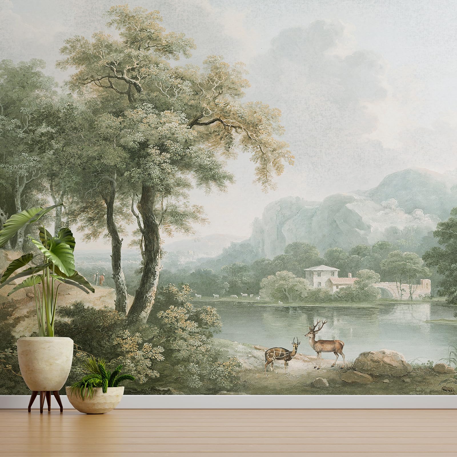 Vintage Forest Wall Mural Peel and Stick 133 W X 98 H Beige Green Nature Wall Mural with Deer Retro Rustic Landscape Wall Paper 