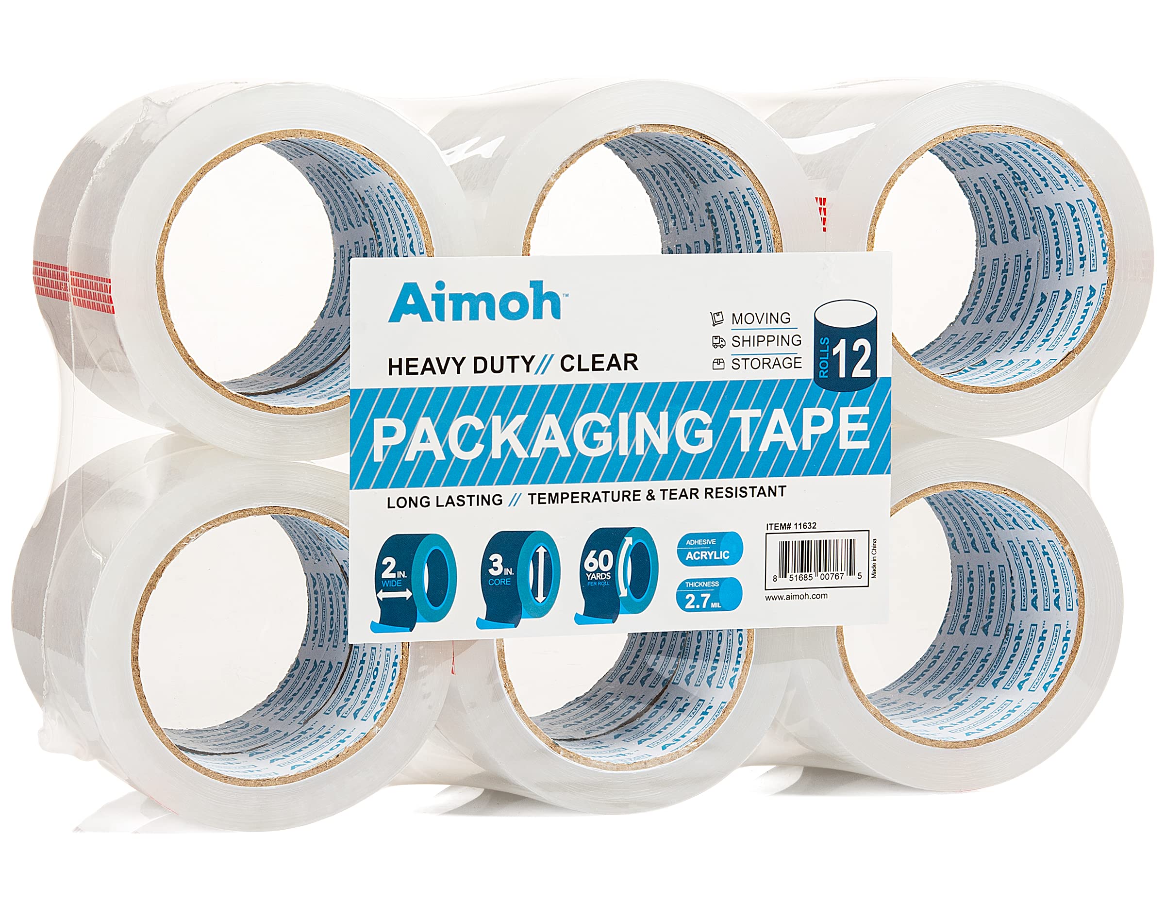 12 Rolls Heavy Duty Clear Packing Tape -Acrylic Adhesive- 2.7Mil Super Strong Commercial Grade- Size 1.88 X 60 Yard- 3 Inch Core