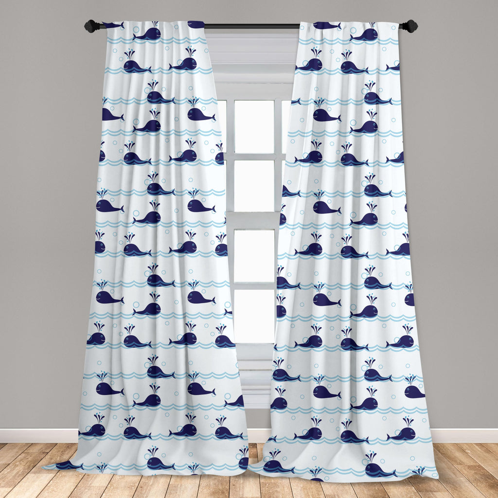 Ambesonne Whale Window Curtains, Horizontal Ocean Waves With Blue Fishes Animals Of Sea, Lightweight Decor 2-Panel Set With Rod