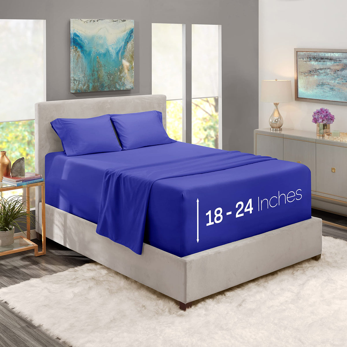 Nestl Bed Linen Set, Royal Blue, Deep Pocket King Size Sheets, 4 Piece Set