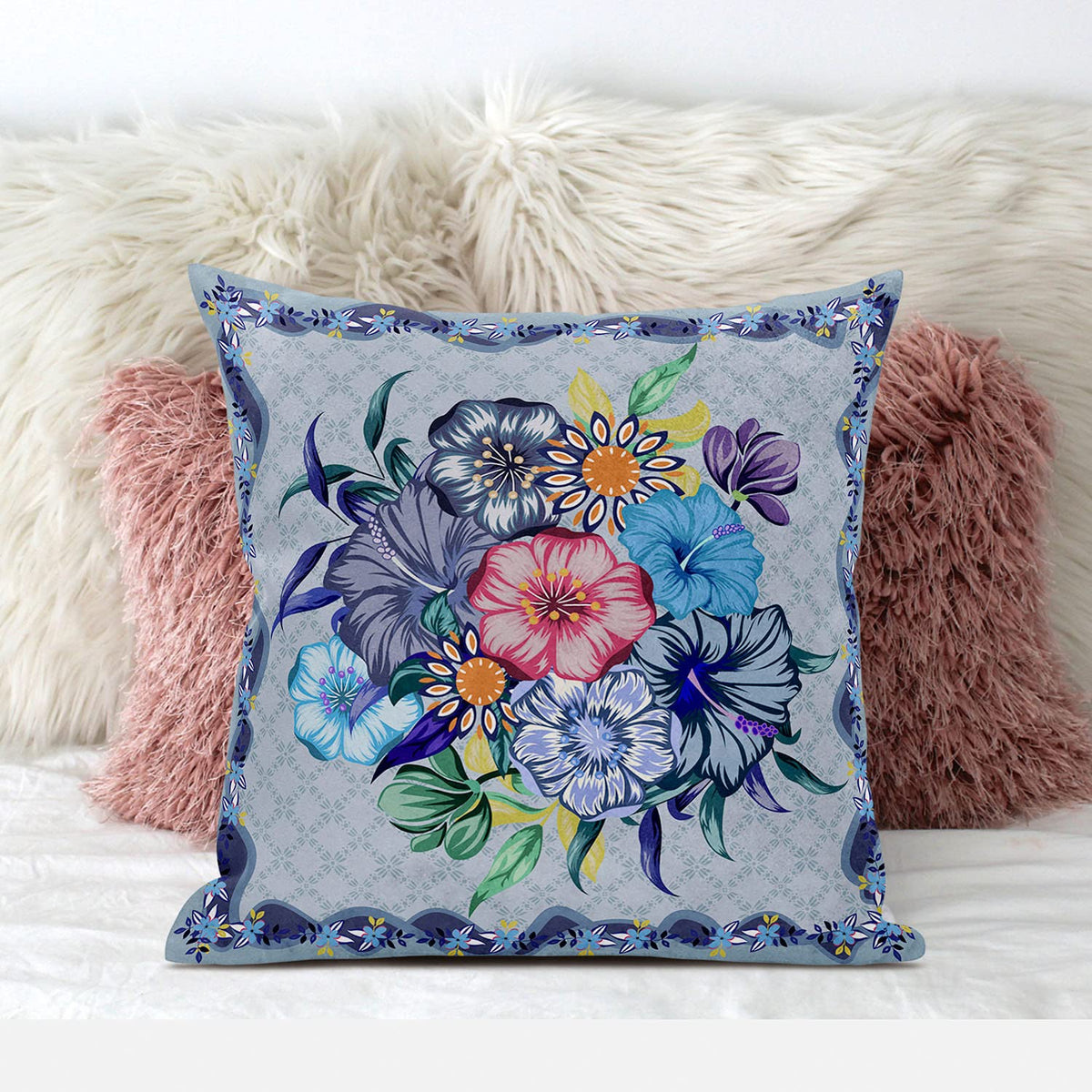 HomeRoots 28x28 Blue Pink Gray Blown Seam Broadcloth Floral Throw Pillow