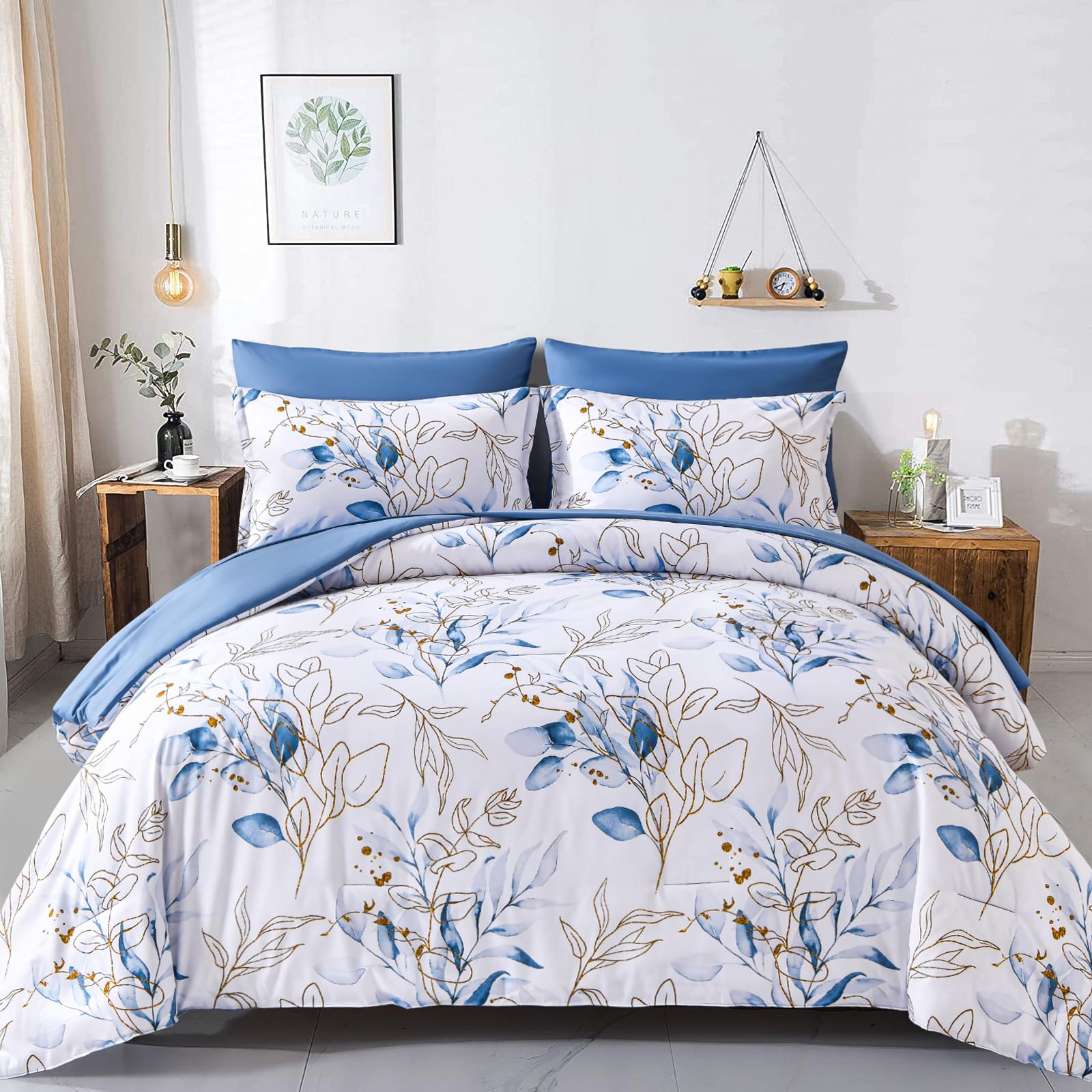 Wongs Bedding Botanical Comforter Set Queen, 7 Pieces Floral Reversible Bed In A Bag Gold Blue Leaves Bedding Set Queen (1 Comfo
