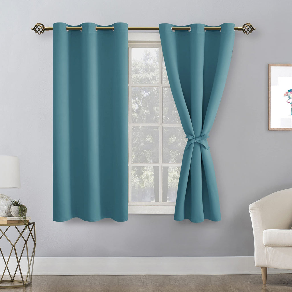 Hiasan Short Blackout Curtains For Bedroom - Thermal Insulated & Light Blocking Window Curtains For Living Room, 2 Drape Panels Sewn With Tiebacks, Turquoise, 38 X 45 Inch
