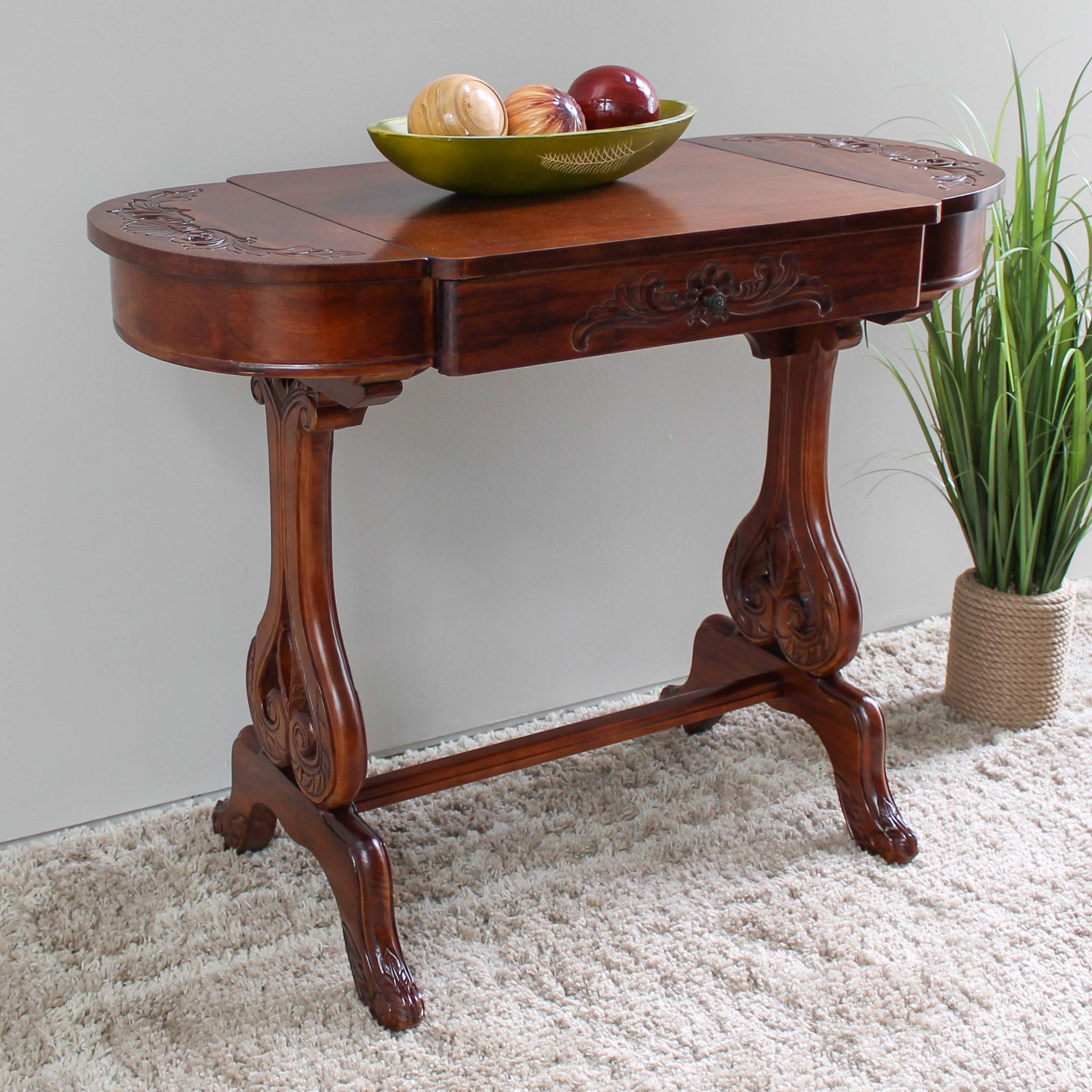 International Caravan Furniture Piece Windsor Carved Wood Writing Table with Flip-up Drawers