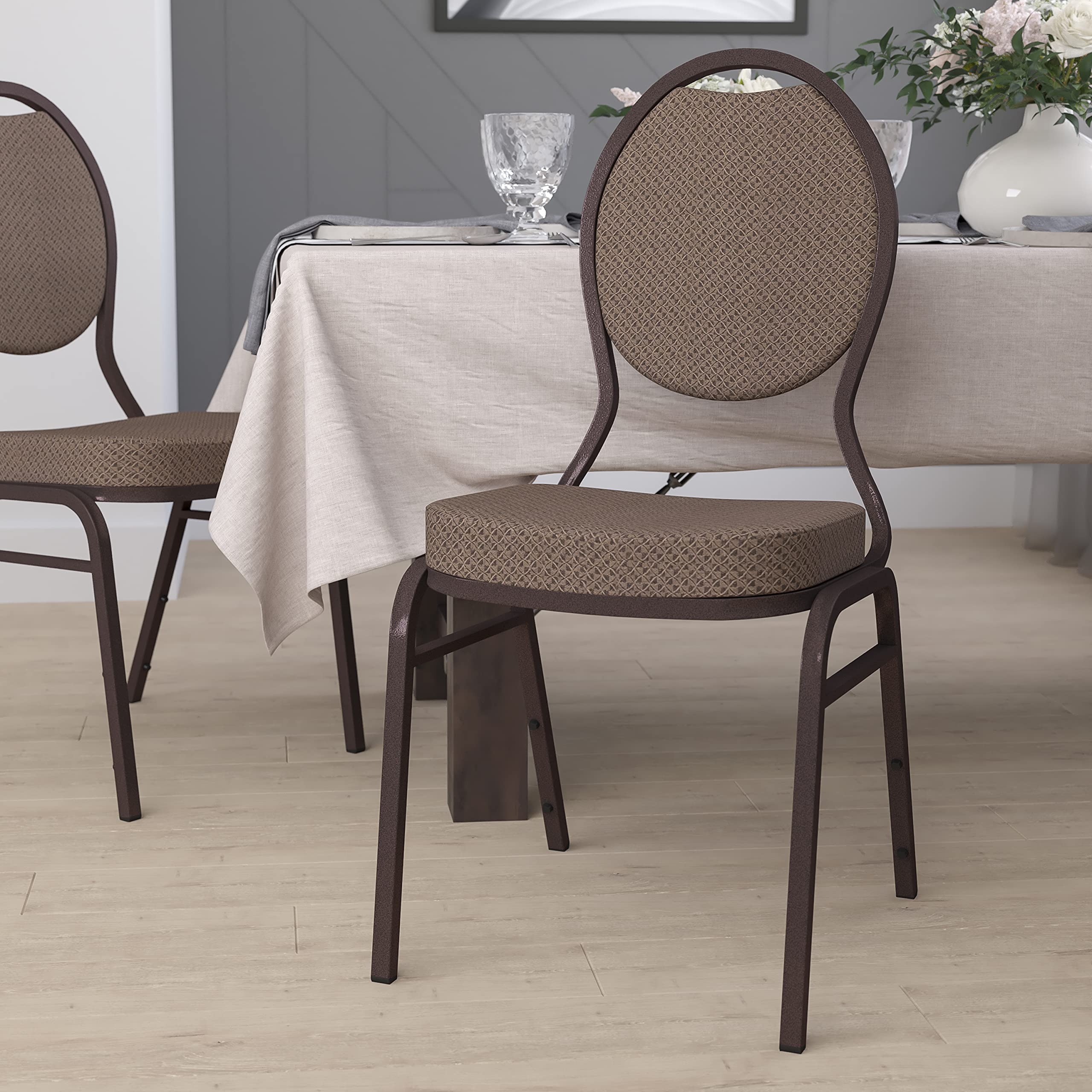 Flash Furniture Hercules Series Teardrop Back Stacking Banquet Chair In Brown Patterned Fabric - Copper Vein Frame