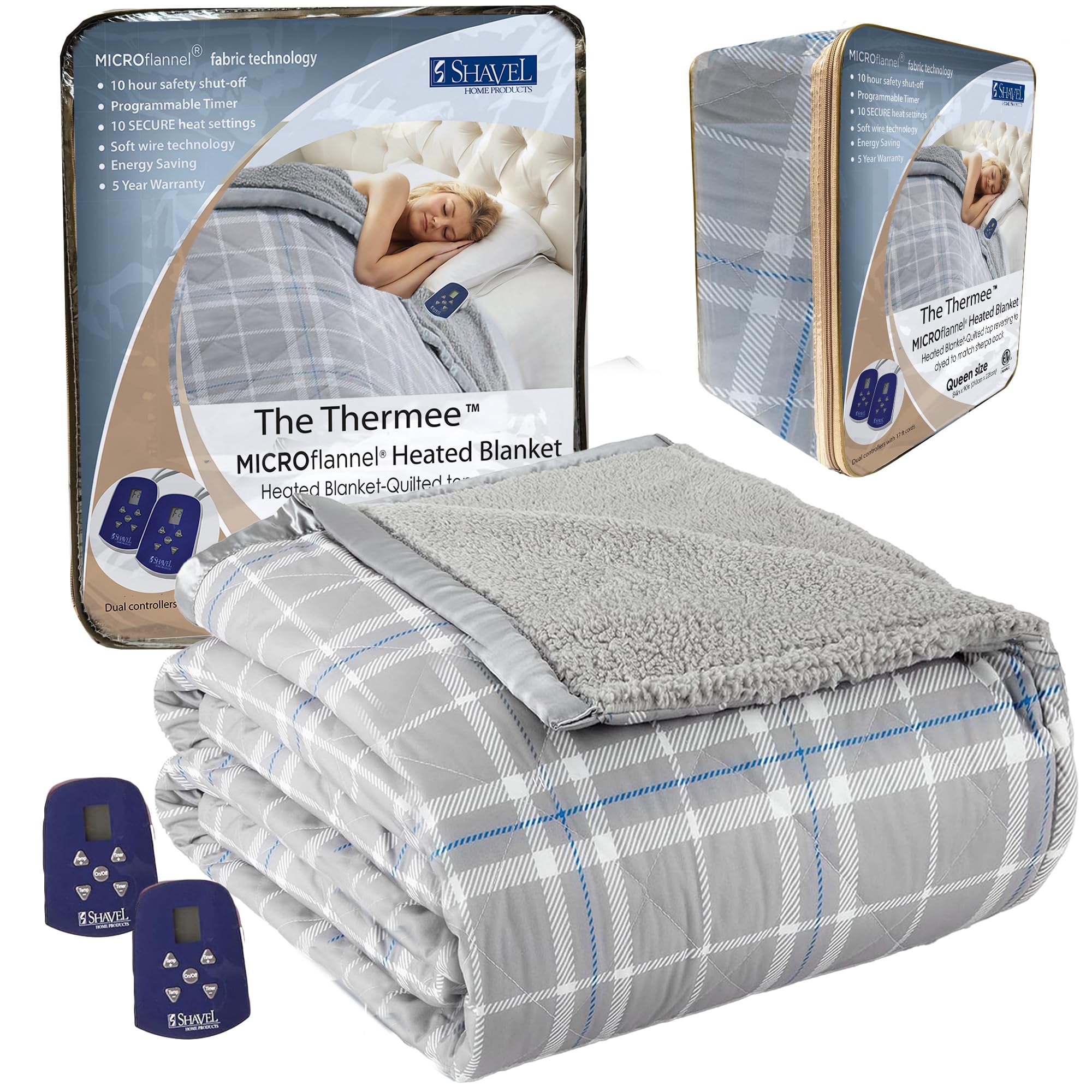 Thermee Micro Flannel Heated Blanket With Sherpa Back, 10-Setting Electric Blanket Queen Size, Programmable Heating Blanket, Ult