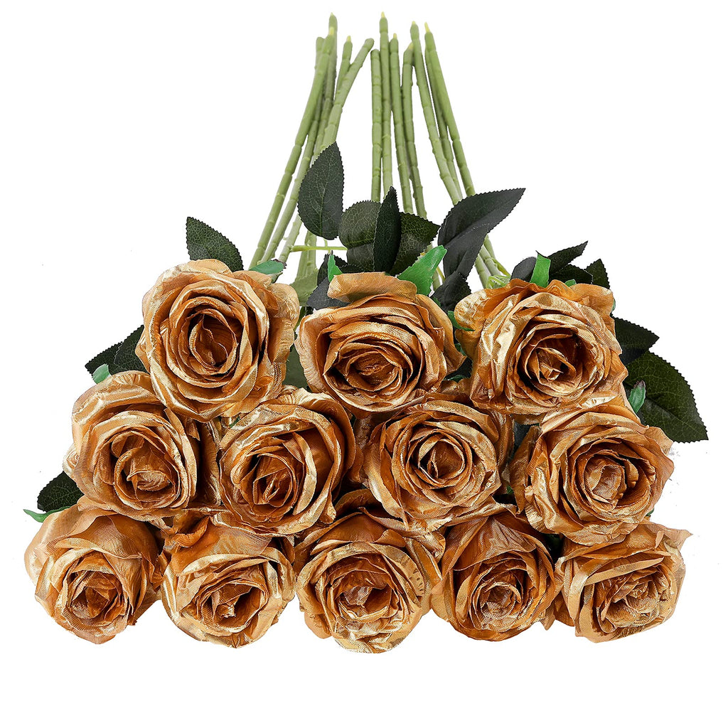 Tifuly Gold Roses Artificial Flowers -12Pcs Realistic Single Long Stem Fake Silk Roses Bouquet for Party Home Wedding Centerpiec