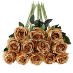 Tifuly Gold Roses Artificial Flowers -12Pcs Realistic Single Long Stem Fake Silk Roses Bouquet for Party Home Wedding Centerpiec