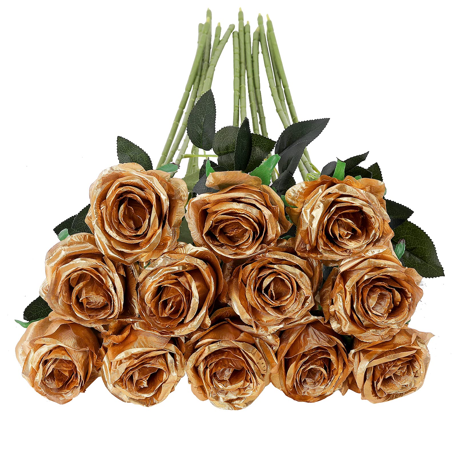 Tifuly Gold Roses Artificial Flowers -12Pcs Realistic Single Long Stem Fake Silk Roses Bouquet for Party Home Wedding Centerpiec