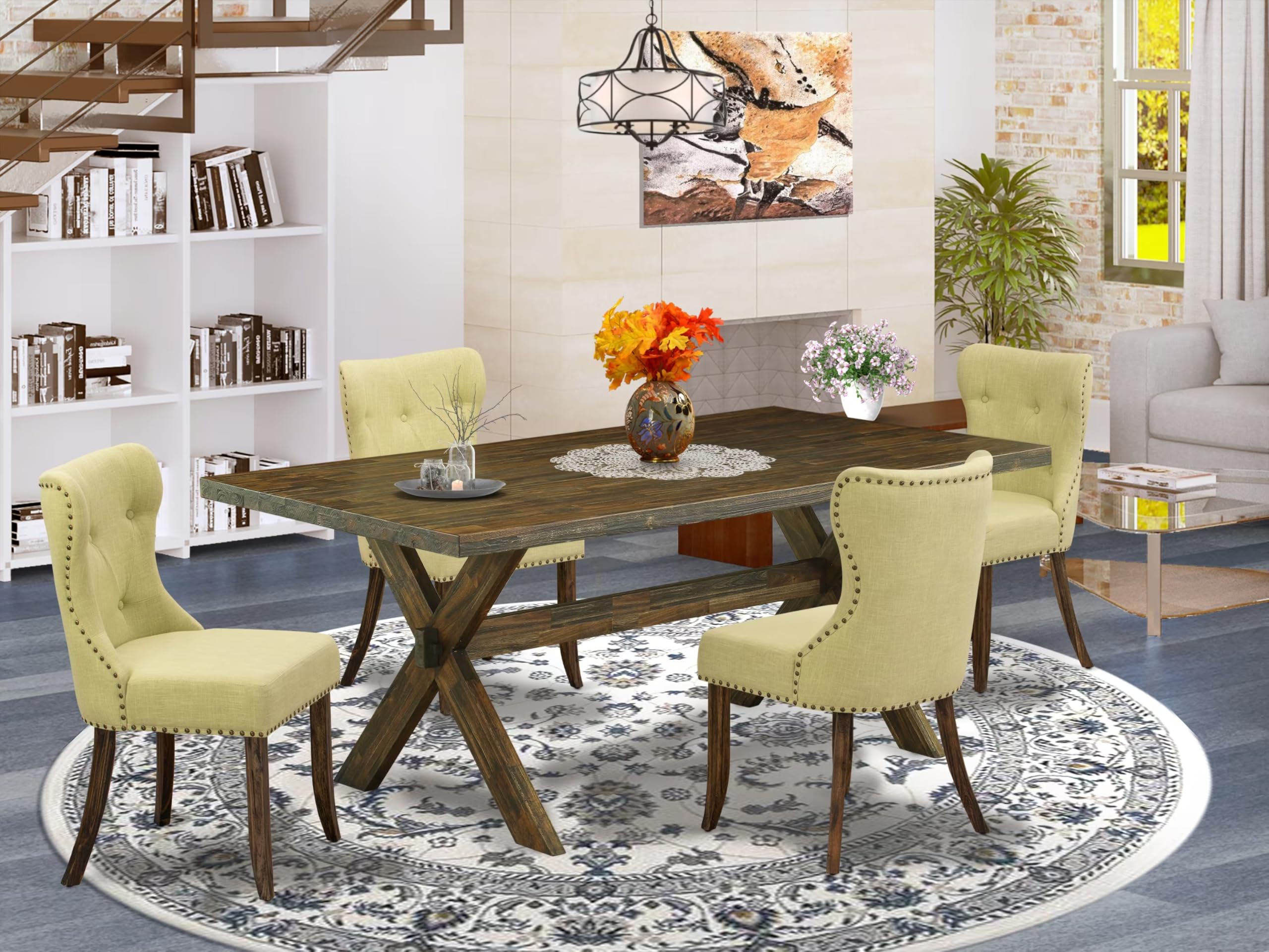 East West Furniture X777Si737-5 5 Piece Dining Room Table Set Includes A Rectangle Kitchen Table With X-Legs And 4 Limelight Linen Fabric Parson Dining Chairs, 40X72 Inch, Multi-Color