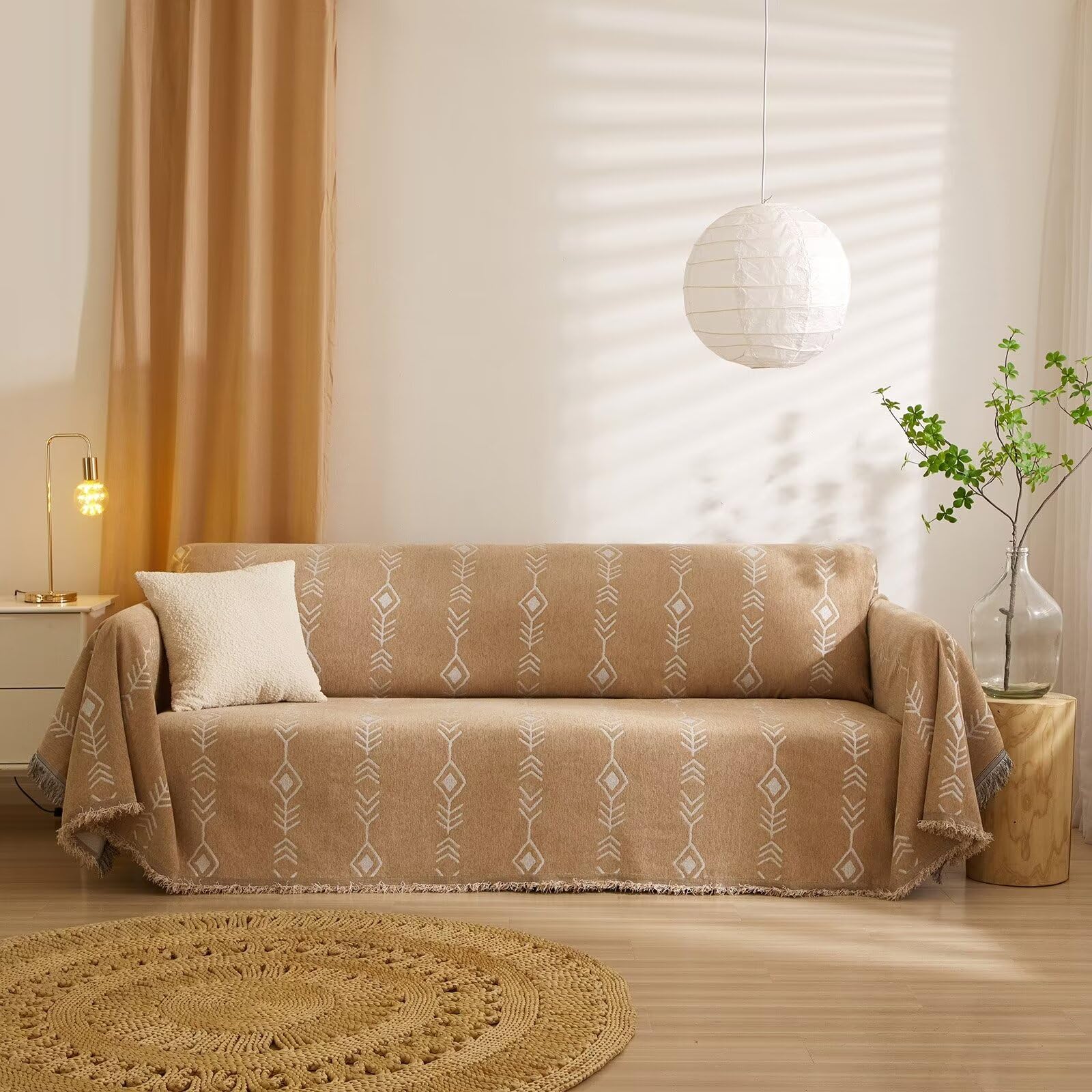 Vclife Boho Couch Cover Soft Chenille Couch Cover For 3-4 Cushion Couch Sofa Anti-Slip Thick Khaki White Herringbone Plaid Secti