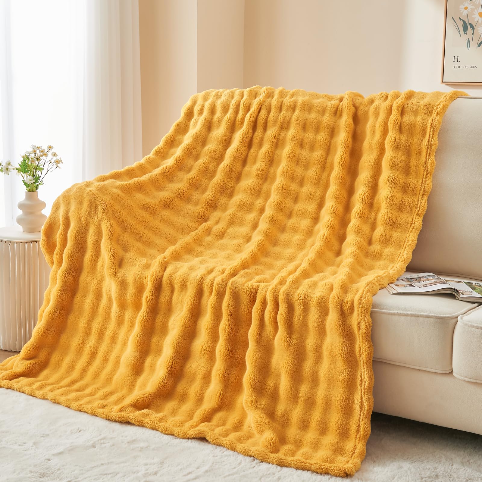 Newcosplay Twin Blanket For Couch Mustard Yellow Super Soft Flannel Fleece 3D Bubble Lightweight Bed Blanket All Season Use (Mus