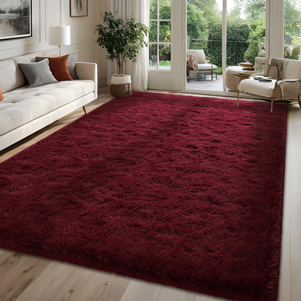 FALARK Soft Area Rugs for Bedroom, 3x5 ft Wine Red Fluffy Rug Carpets for Living Room Girls Kids Room, Shaggy Fuzzy Indoor Moder