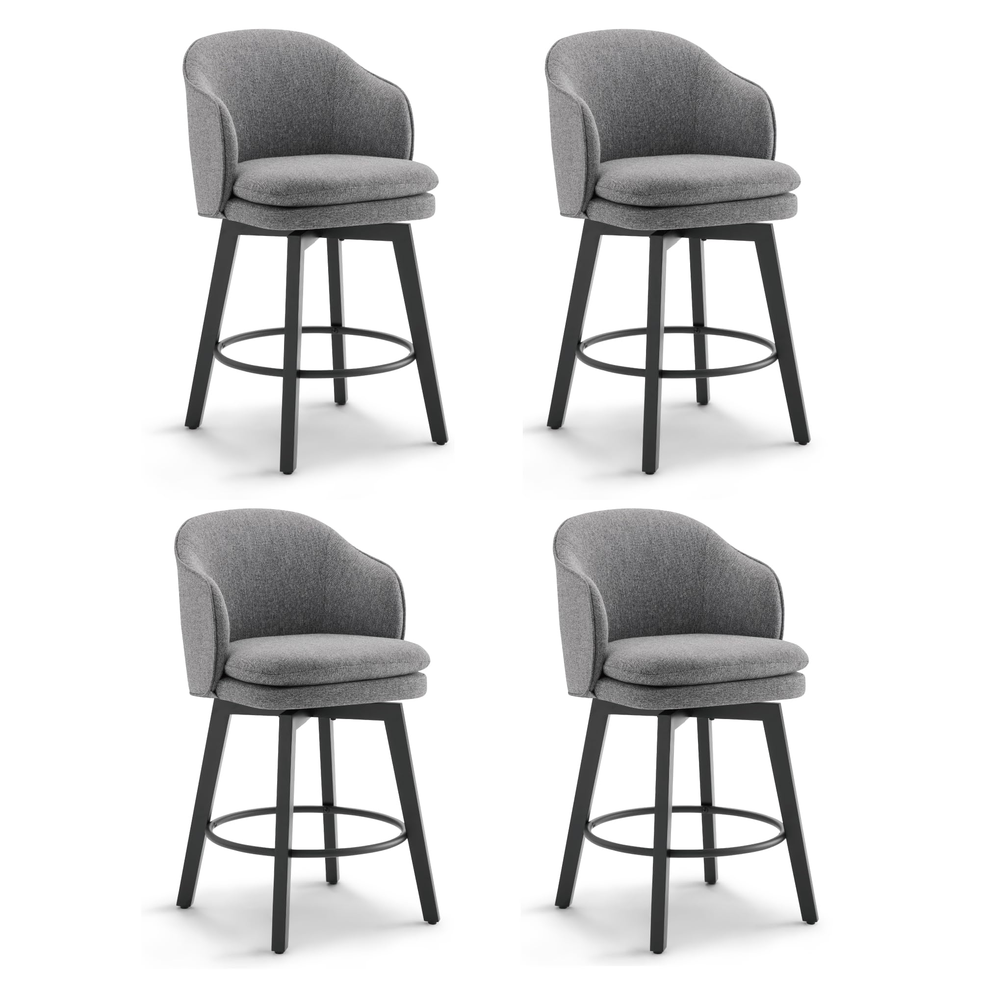 Counter Height Barstools 26 inch Upholstered Swivel Bar Stools with Back and Wood Legs for Kitchen Island,Set of 4,Dark Grey Fab