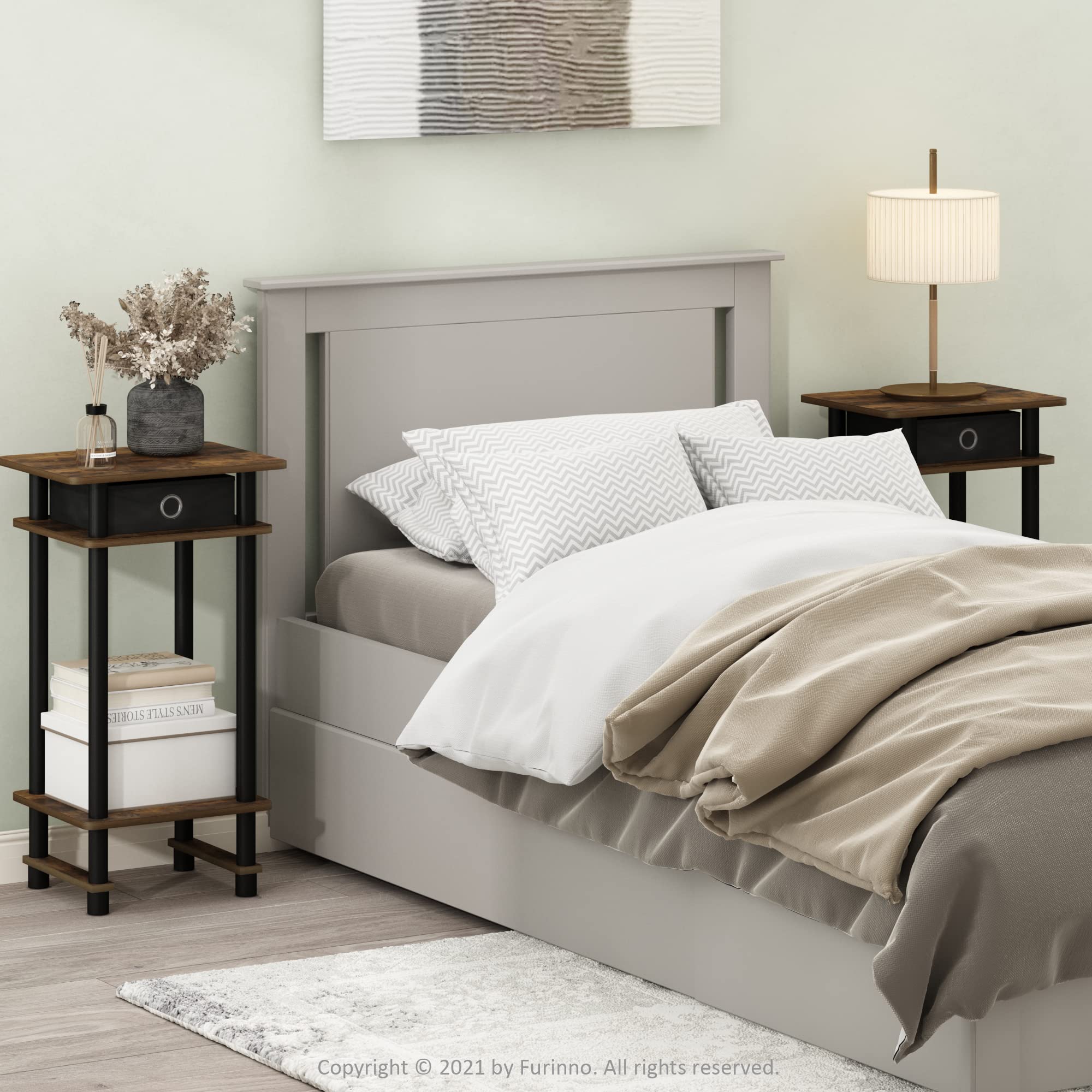 Furinno Turn-N-Tube Tall End Side Night Stand/Bedside Table with Bin Drawer, 2-Pack, Amber Pine/Black/Black