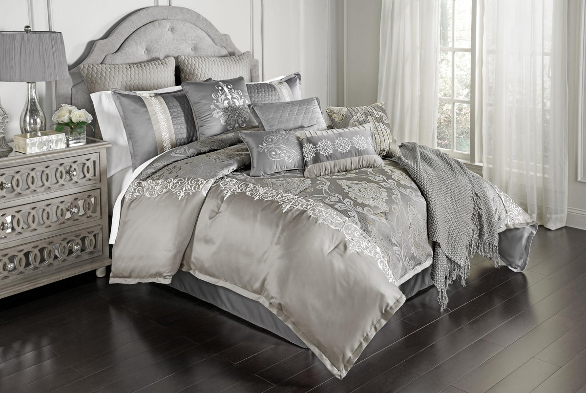 Riverbrook Home Elegant Collection Comforter Set, Queen, Kacee - Platinum, 12-Piece Set