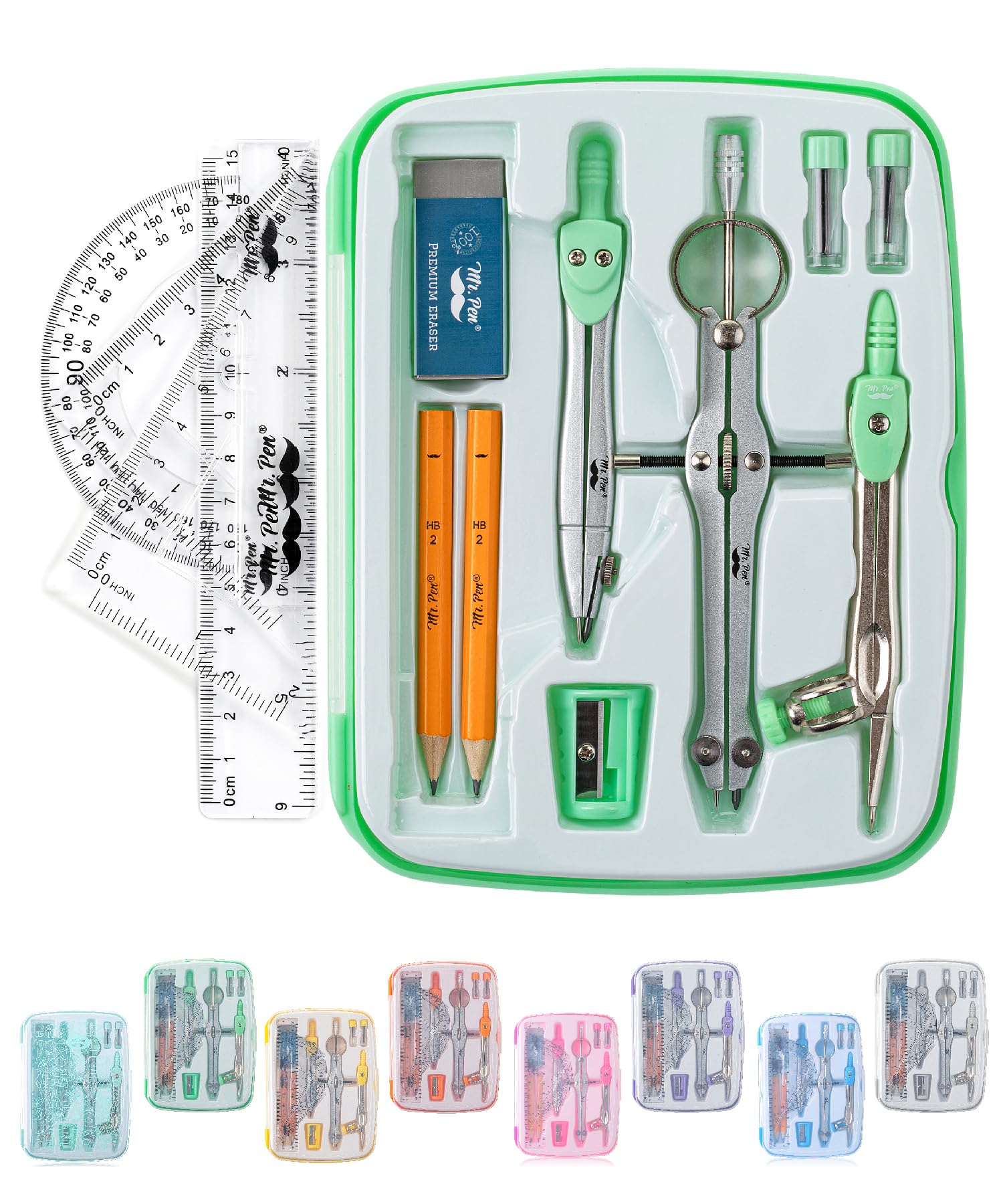 Mr. Pen- Geometry Set, 13 Pcs, Mint Green, Compass For Geometry Compass Math, Geometry Kit Set With Shatterproof Storage Box, Ma