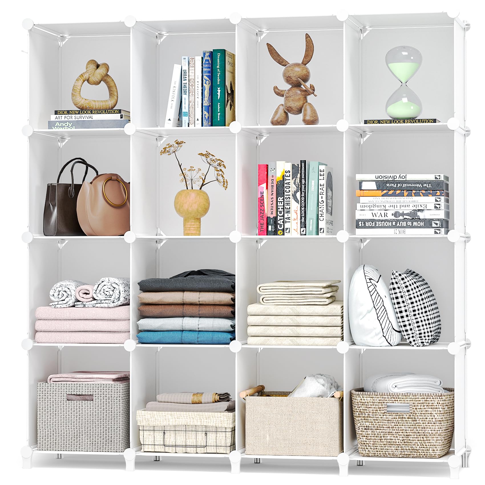 Neprock 16 Cubby Storage Organizer, Closet Clothes Storage Organizer, Cube Shelves Closet Organizers And Storage Shelves For Clothing Storage With Hammer, Bookshelf For Kids (White)