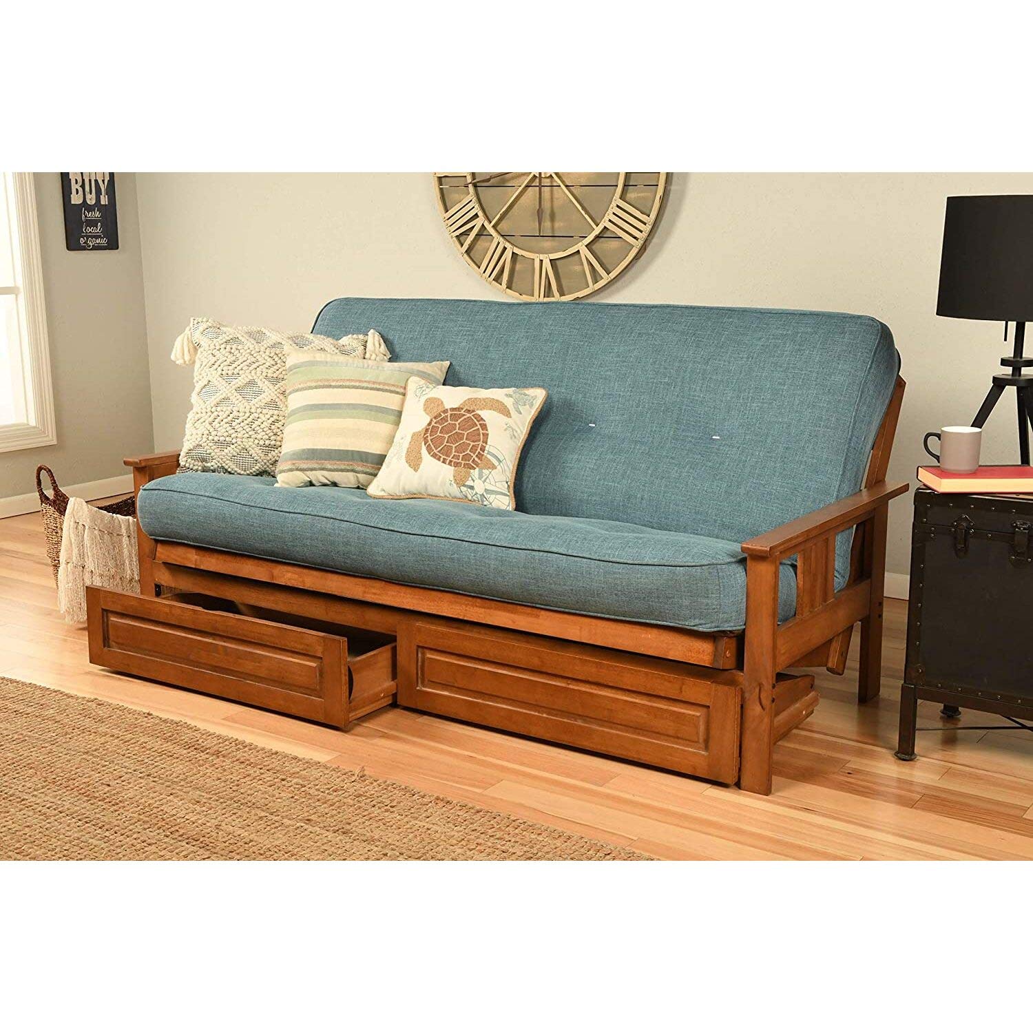Kodiak Furniture Monterey Futon with Linen Fabric Mattress in Butternut/Blue