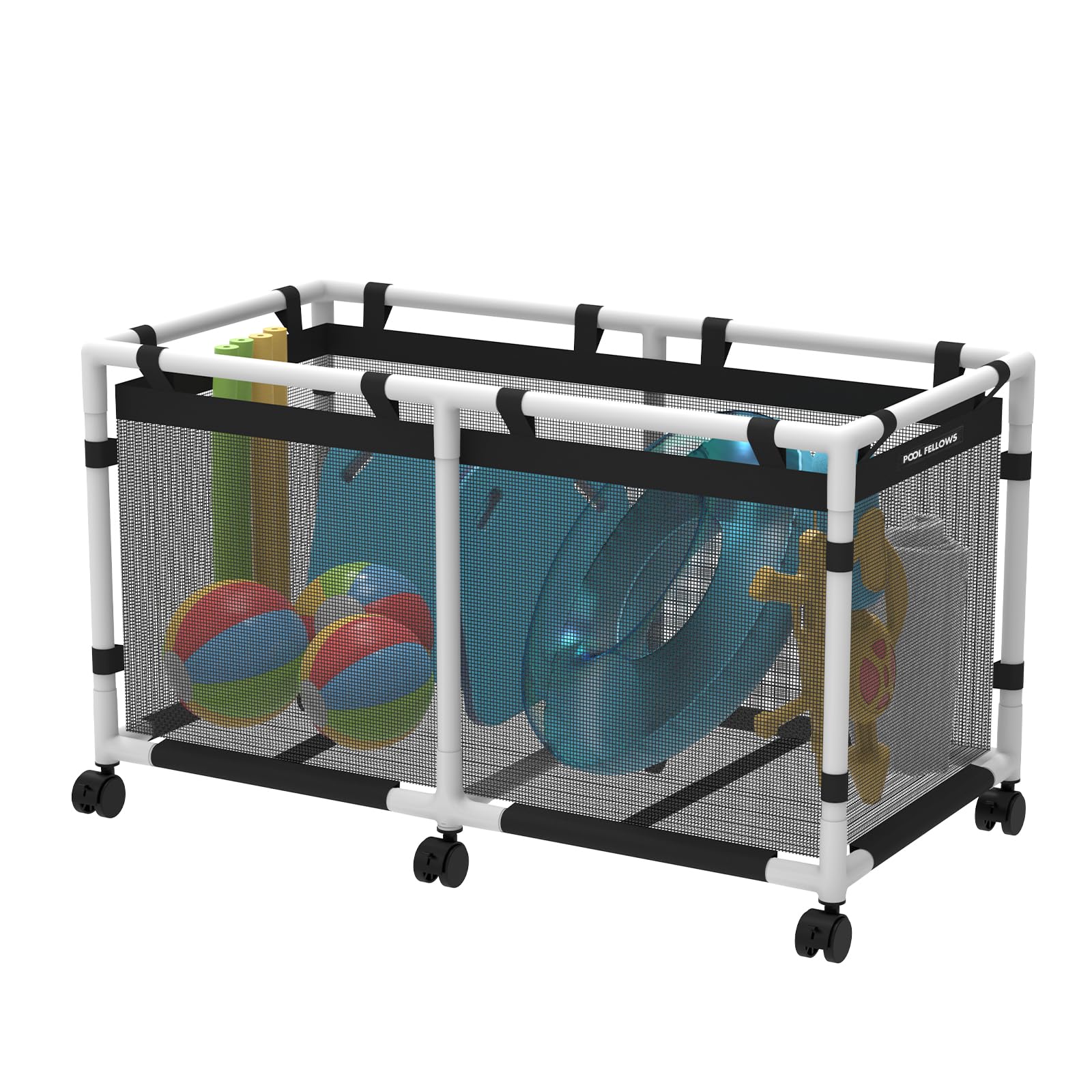 Pool Fellows Pool Storage Bin, 90 Gallons, Holder For Noodles, Toys, Floats, Towels, Mesh Organizer For Swimming Equipments, Min