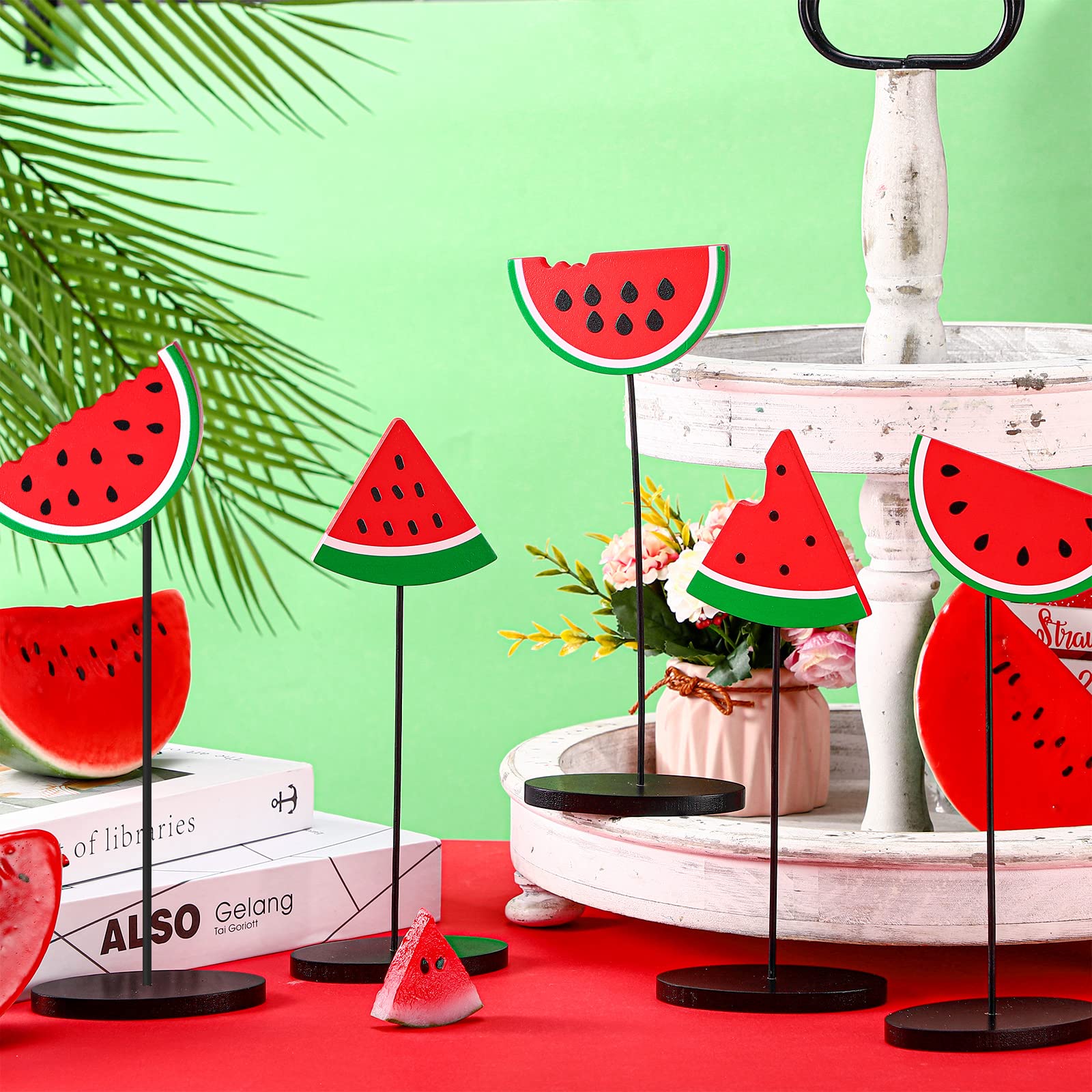 5 Pcs Watermelon Lemon Wooden Sign On Stand Watermelon Lemon Tiered Tray Decor Summer Farmhouse Wooden Watermelon Tabletop Decor