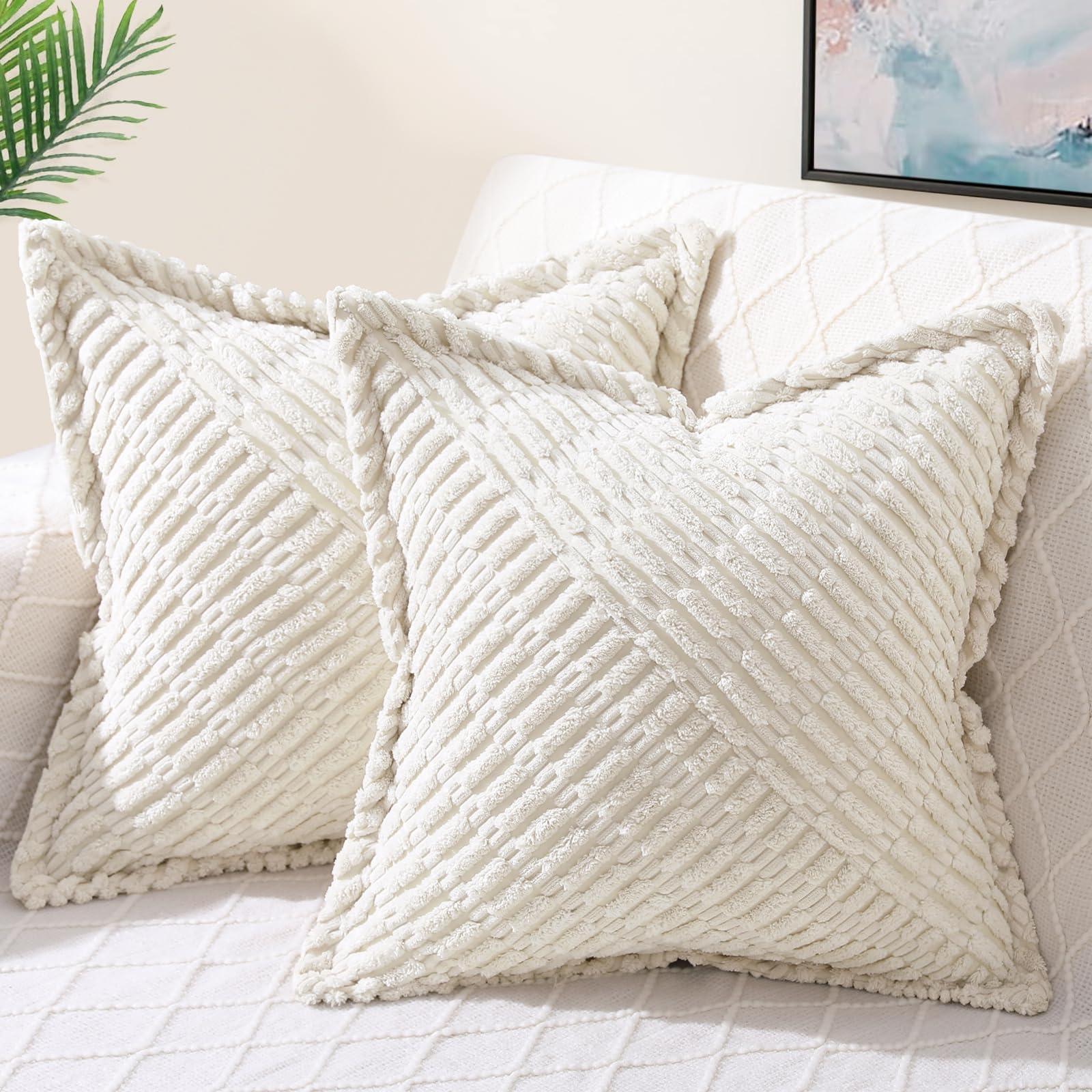 Decoruhome Christmas Decorative Cream White Throw Pillow Covers 18X18 Set Of 2 With Splicing, Boho Lumbar Soft Corduroy Broadsid