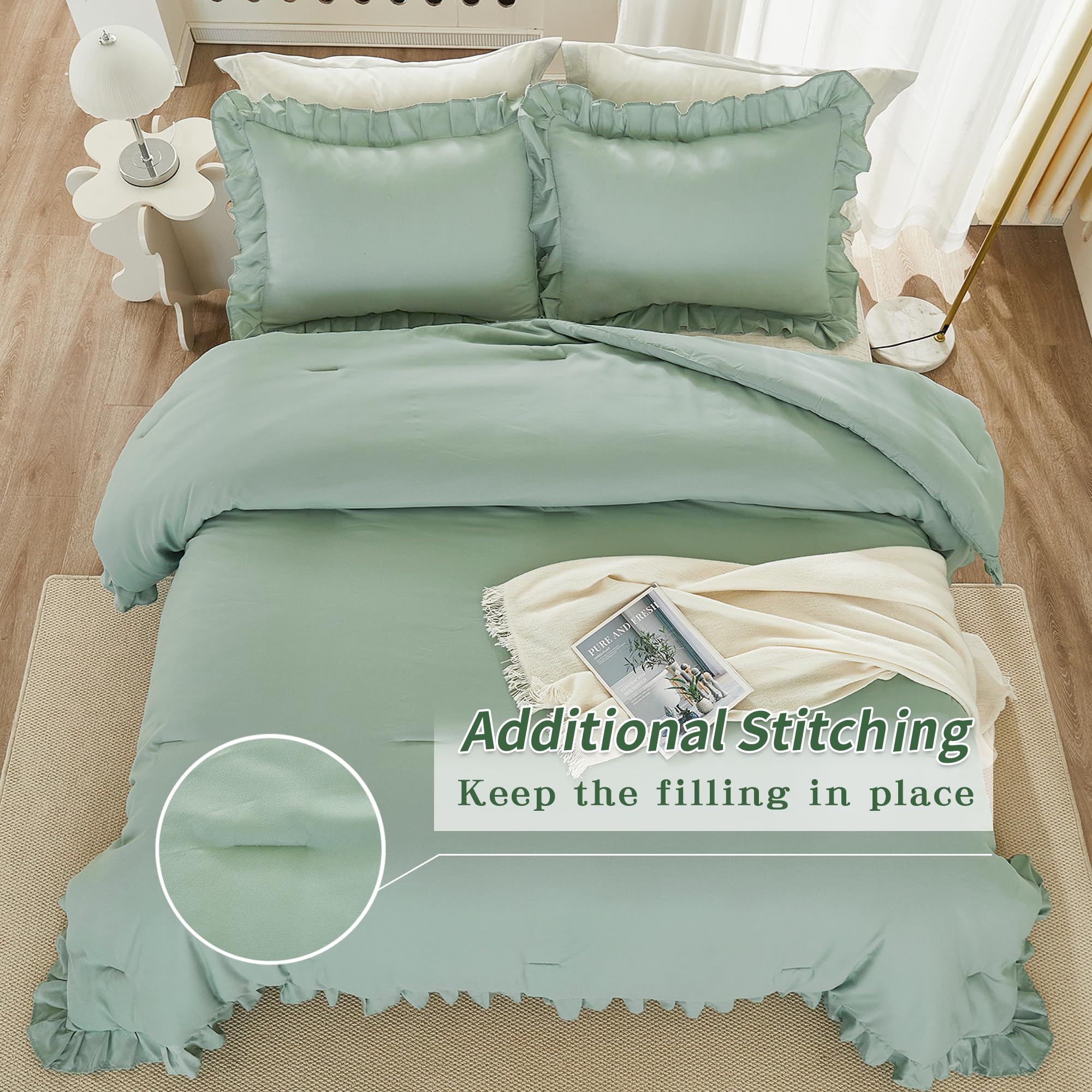 Andency Sage Green California King Comforter Set, 3 Pieces Farmhouse Shabby Chic Cal King Size Ruffle Bed Set, Oversized Soft Lightweight Microfiber Bedding Set