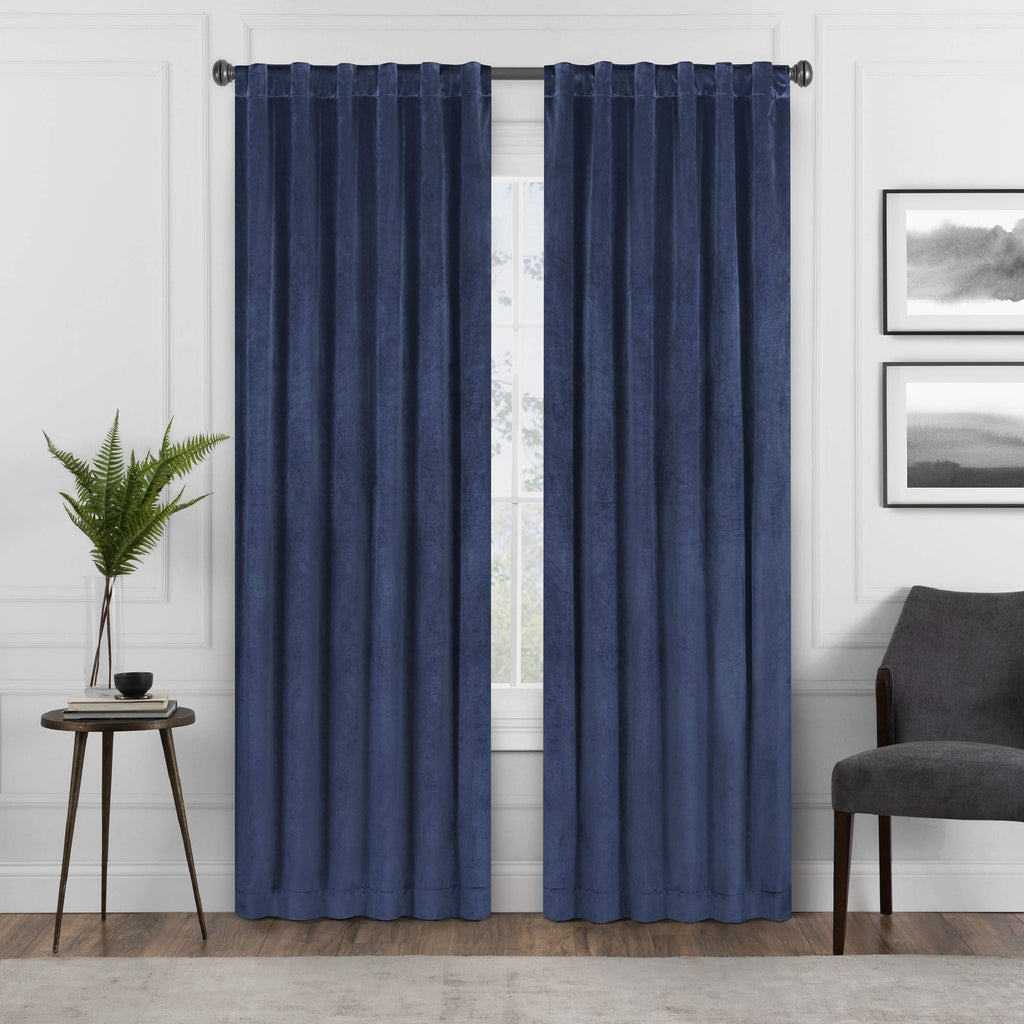Eclipse Harper Velvet Rod Pocket Curtains for Bedroom, Single Panel, 50 in x 63 in, Navy
