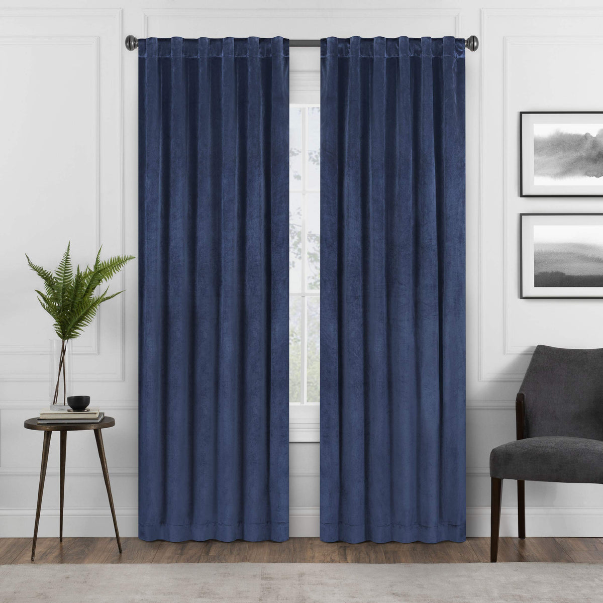 Eclipse Harper Velvet Rod Pocket Curtains For Bedroom, Single Panel, 50 In X 108 In, Navy