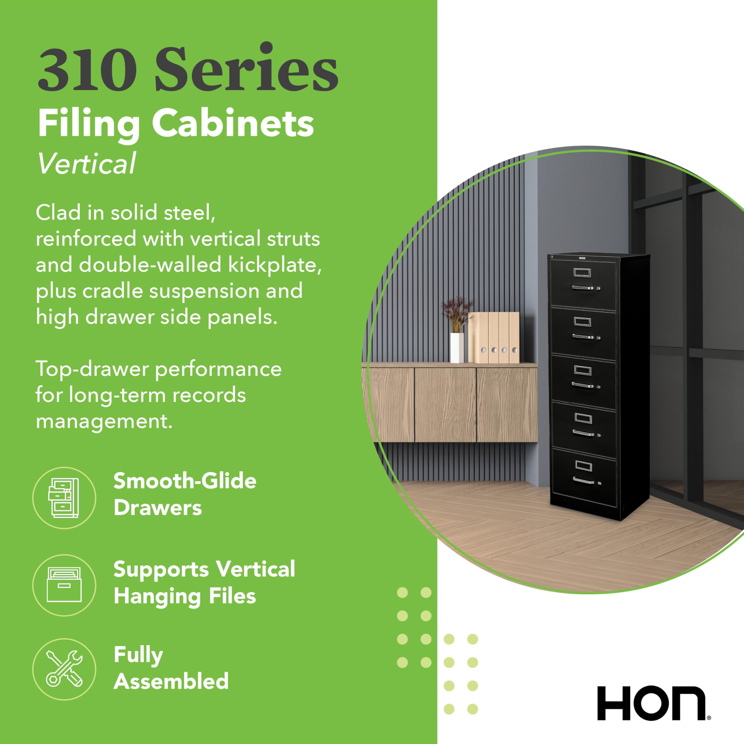 HON 5 Drawer Vertical File Cabinet with Lock, Metal Filing Cabinets With 5 Drawer Letter File For Offices, Hanging Files, and Vertical Letters, 26.5&quot; Deep, Putty