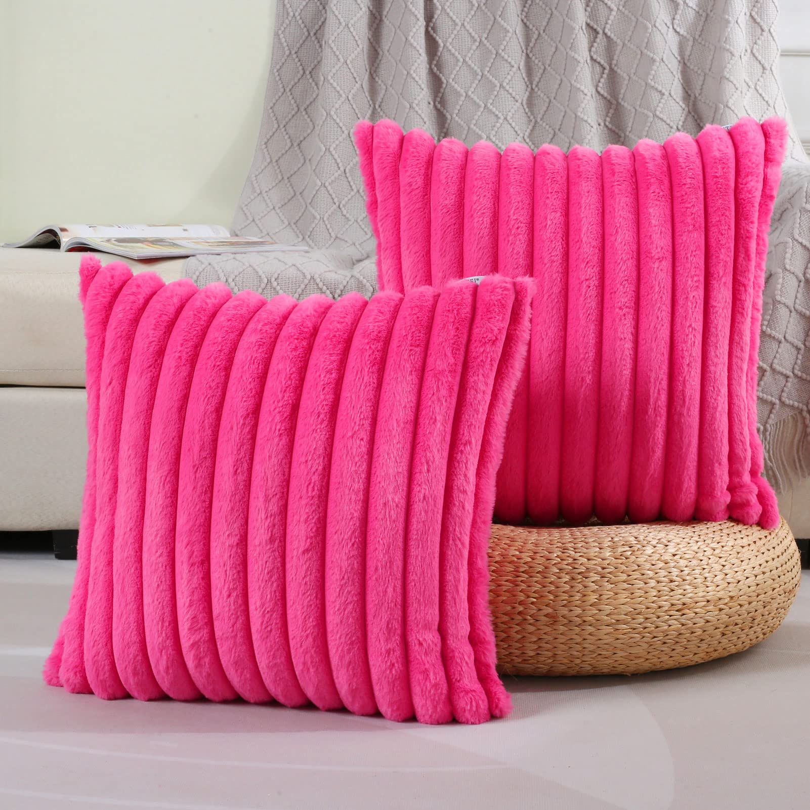 Futei Hot Pink Striped Decorative Throw Pillow Covers 22X22 Inch Set Of 2,Square Spring Decorations Couch Pillow Case,Soft Cozy